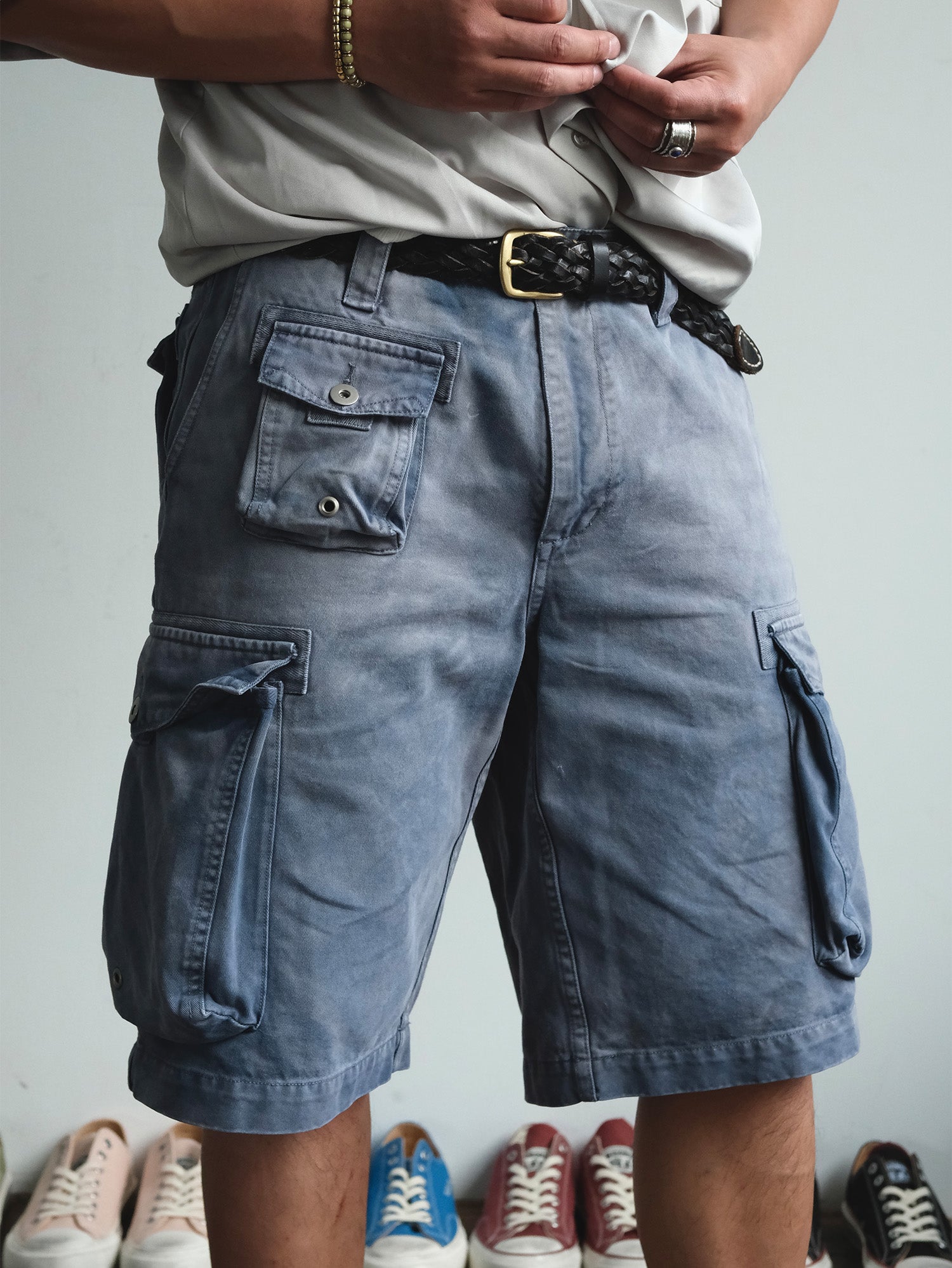 NEIGBORL Washed Sulfur-Dyed Multi-Pocket Cargo Shorts-Shorts-S-Green-Free Shipping Leatheretro