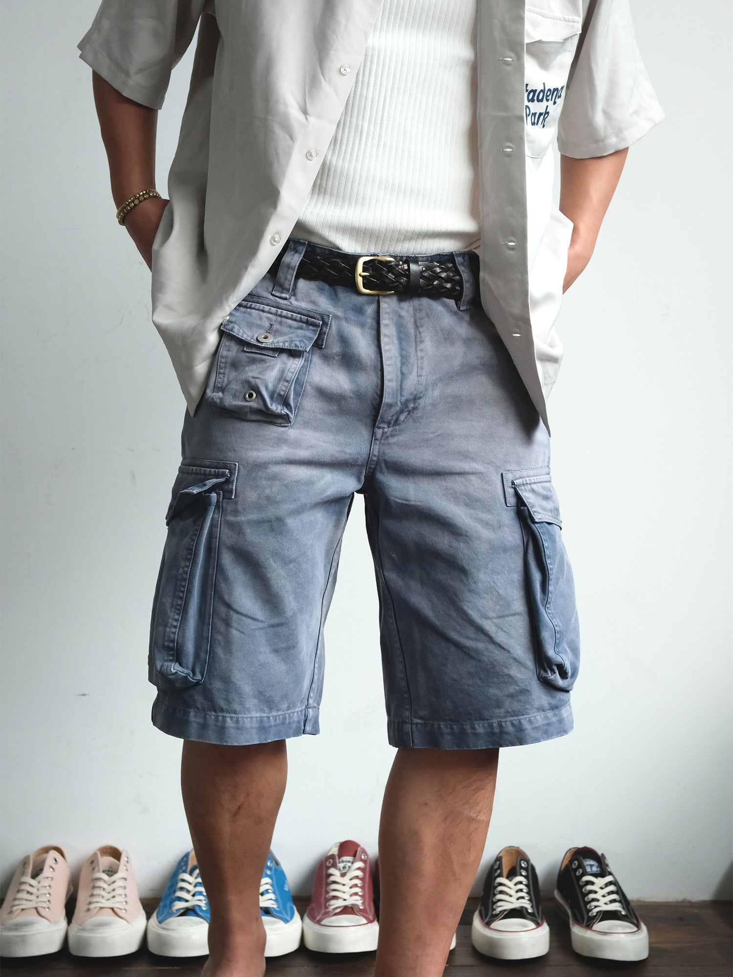 NEIGBORL Washed Sulfur-Dyed Multi-Pocket Cargo Shorts-Shorts-S-Green-Free Shipping Leatheretro