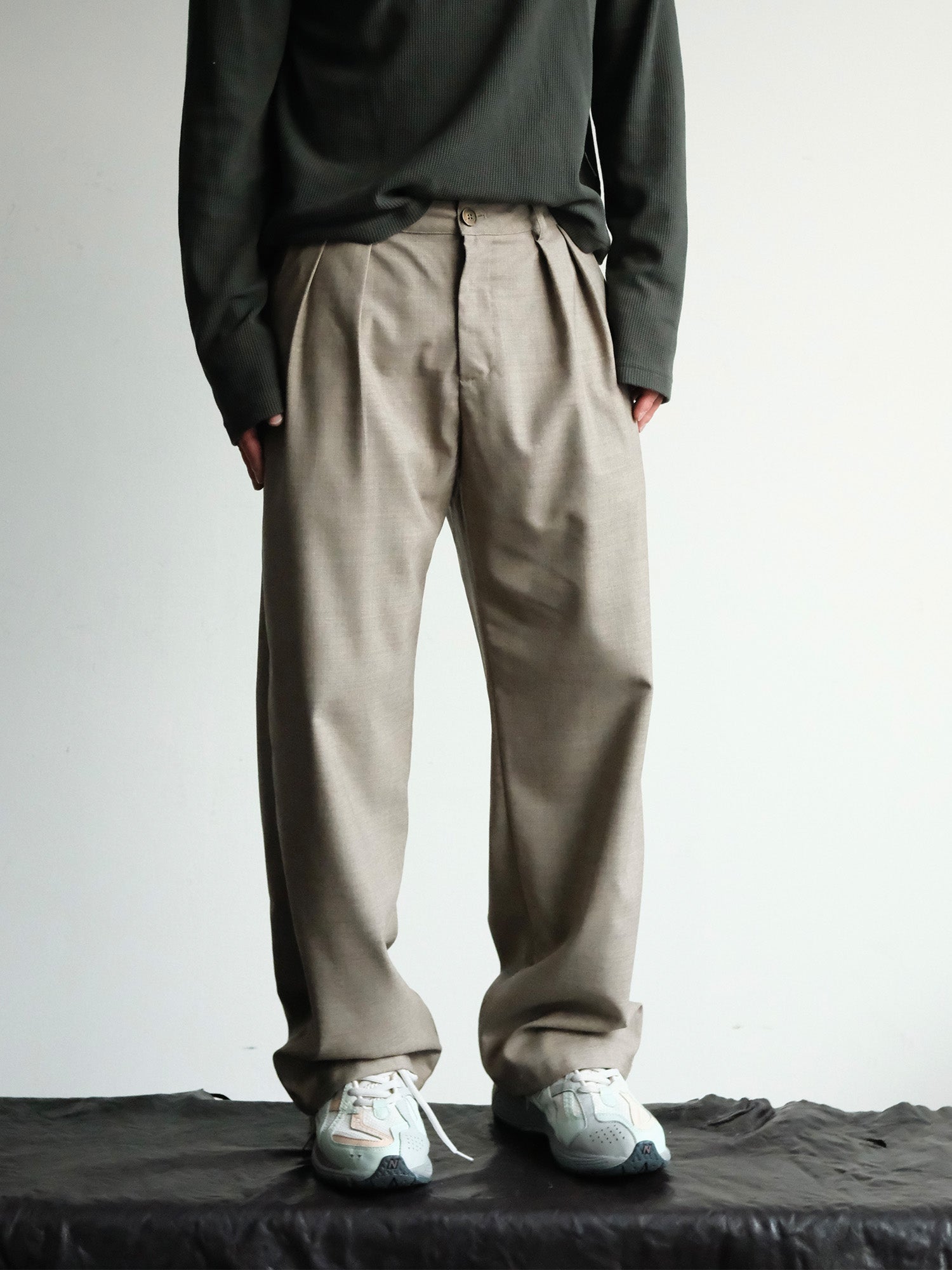 NEIGBORL Wool Double-Pleated Straight-Leg Trousers-Jeans-S-Khaki-Free Shipping Leatheretro