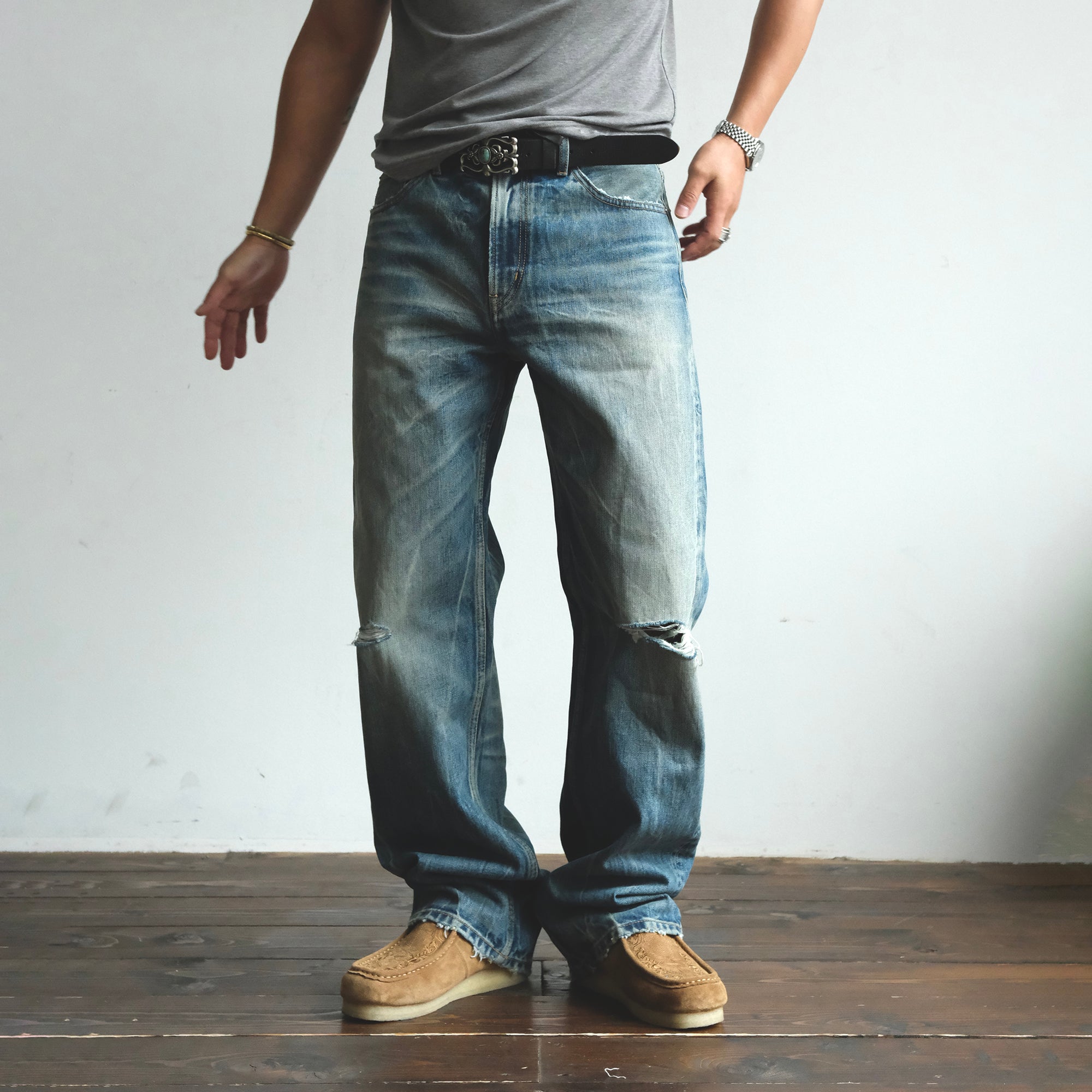 NEIGBORL Wash Distressed Loose-Fit Jeans Blue-Jeans-S (Preorder)-Free Shipping Leatheretro