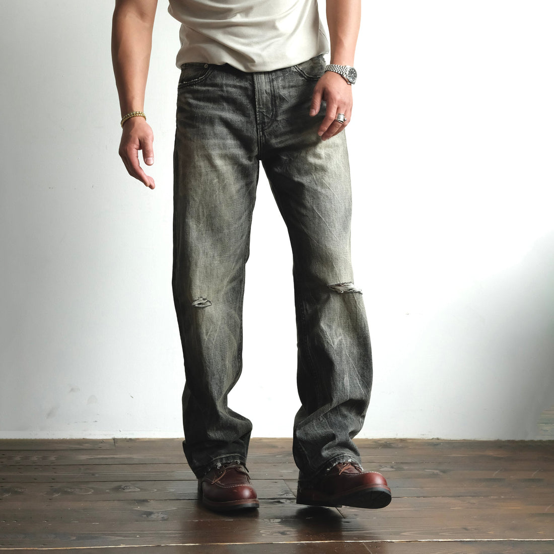 NEIGBORL Wash Distressed Loose-Fit Jeans Black-Jeans-S (Preorder)-Free Shipping Leatheretro