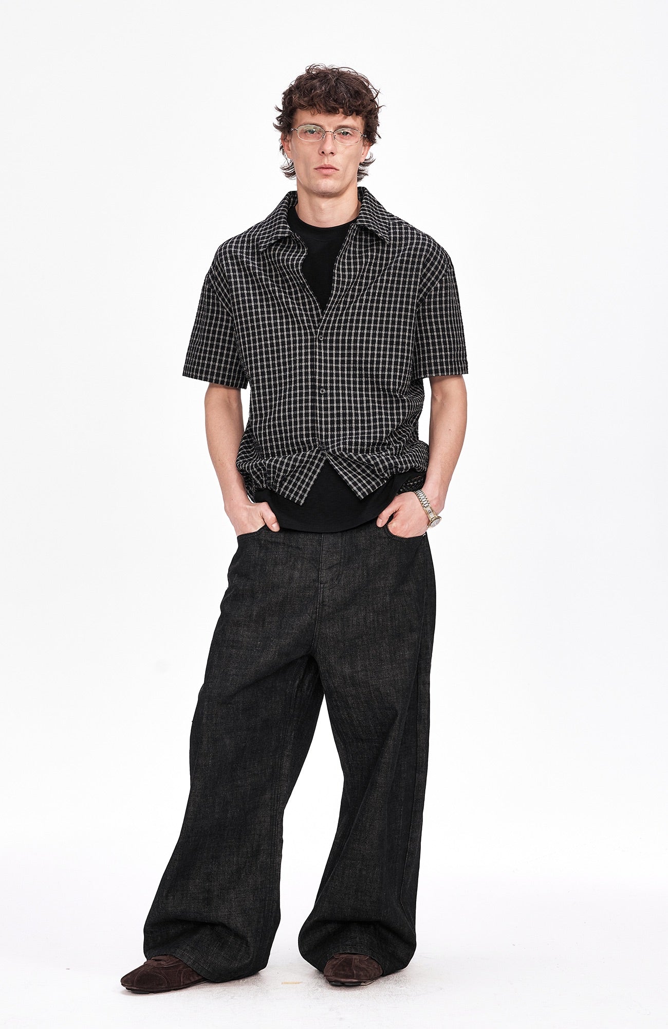 LABELROOM Seersucker Drawstring Check Shirt-Half shirt-M (Preorder)-Free Shipping Leatheretro