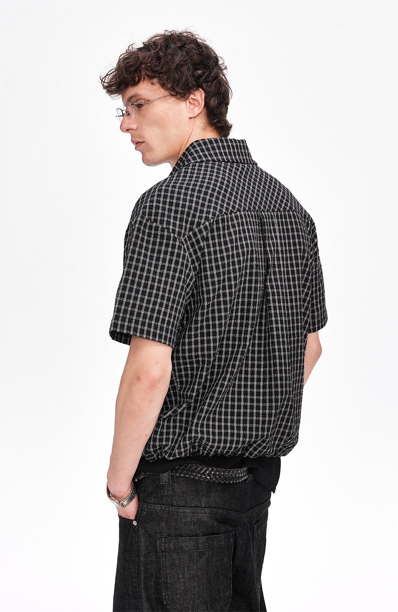LABELROOM Seersucker Drawstring Check Shirt-Half shirt-M (Preorder)-Free Shipping Leatheretro