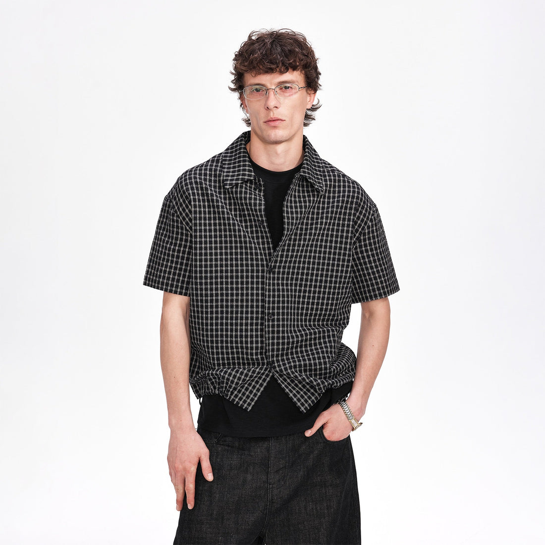 LABELROOM Seersucker Drawstring Check Shirt-Half shirt-M (Preorder)-Free Shipping Leatheretro