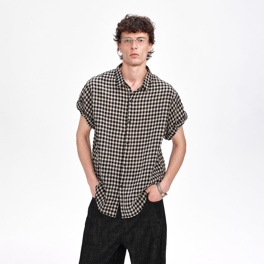 LABELROOM Rolled-Sleeve Linen Check Shirt-Half shirt-XS (Preorder)-Free Shipping Leatheretro