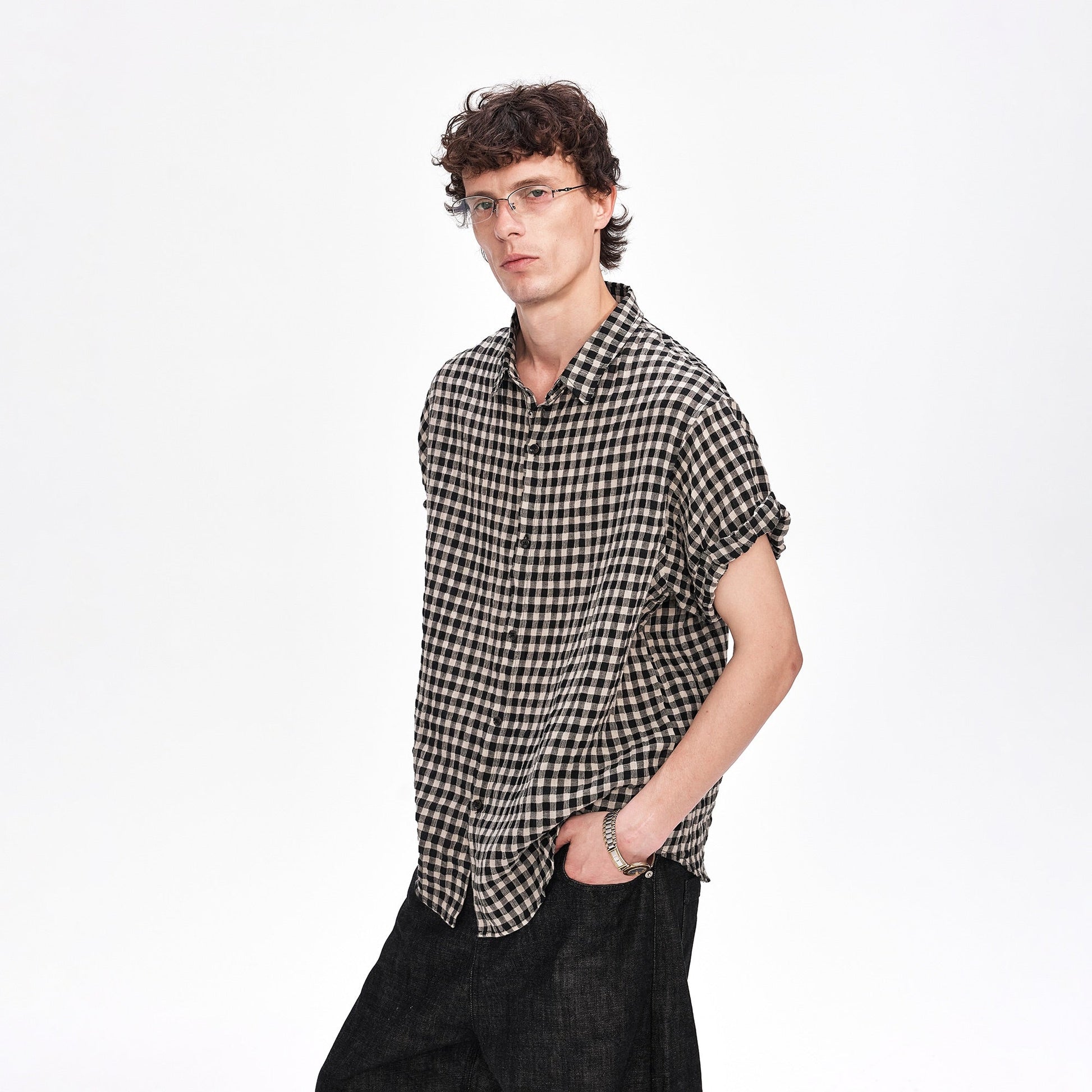 LABELROOM Rolled-Sleeve Linen Check Shirt-Half shirt-XS (Preorder)-Free Shipping Leatheretro