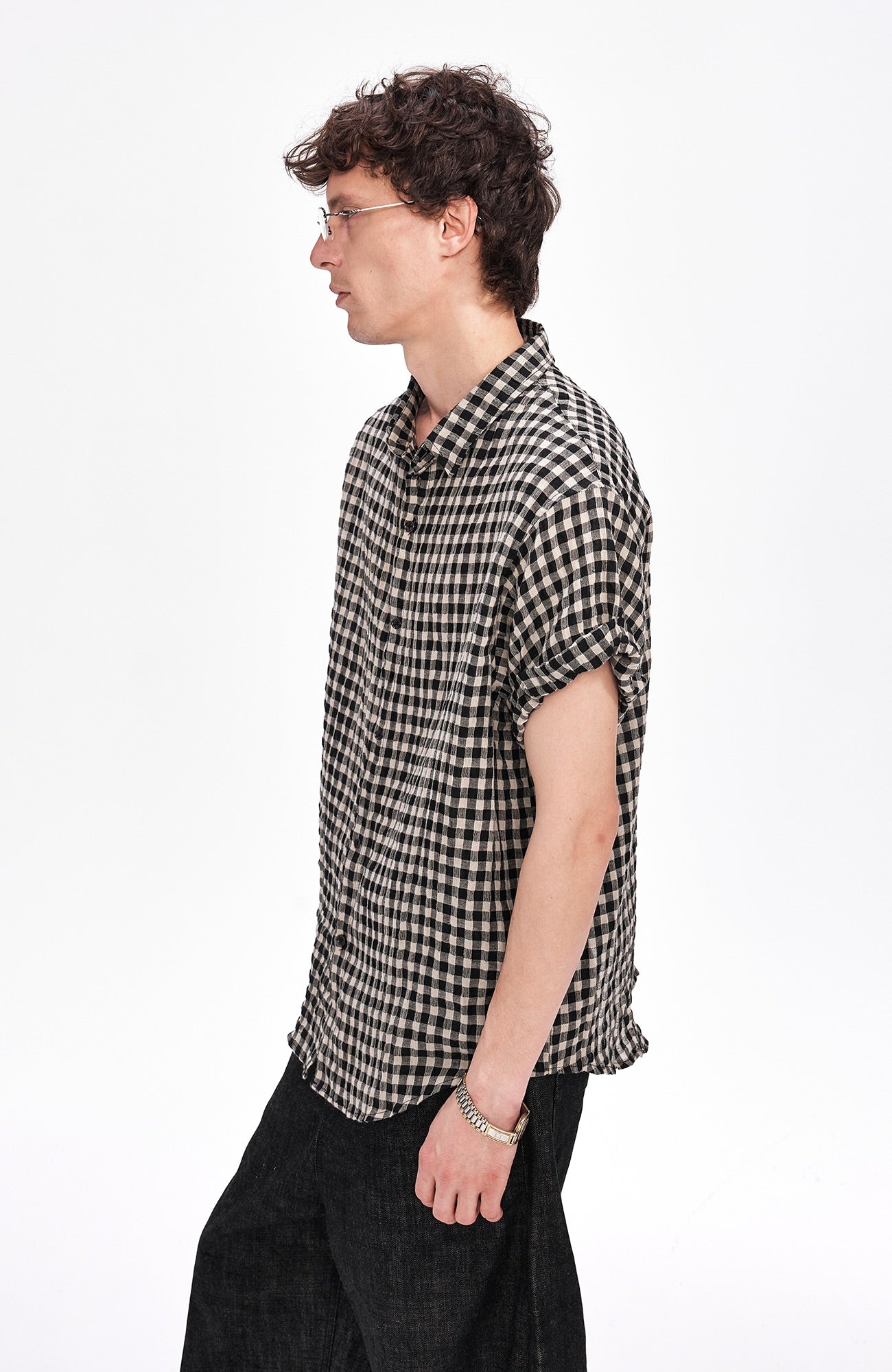 LABELROOM Rolled-Sleeve Linen Check Shirt-Half shirt-XS (Preorder)-Free Shipping Leatheretro