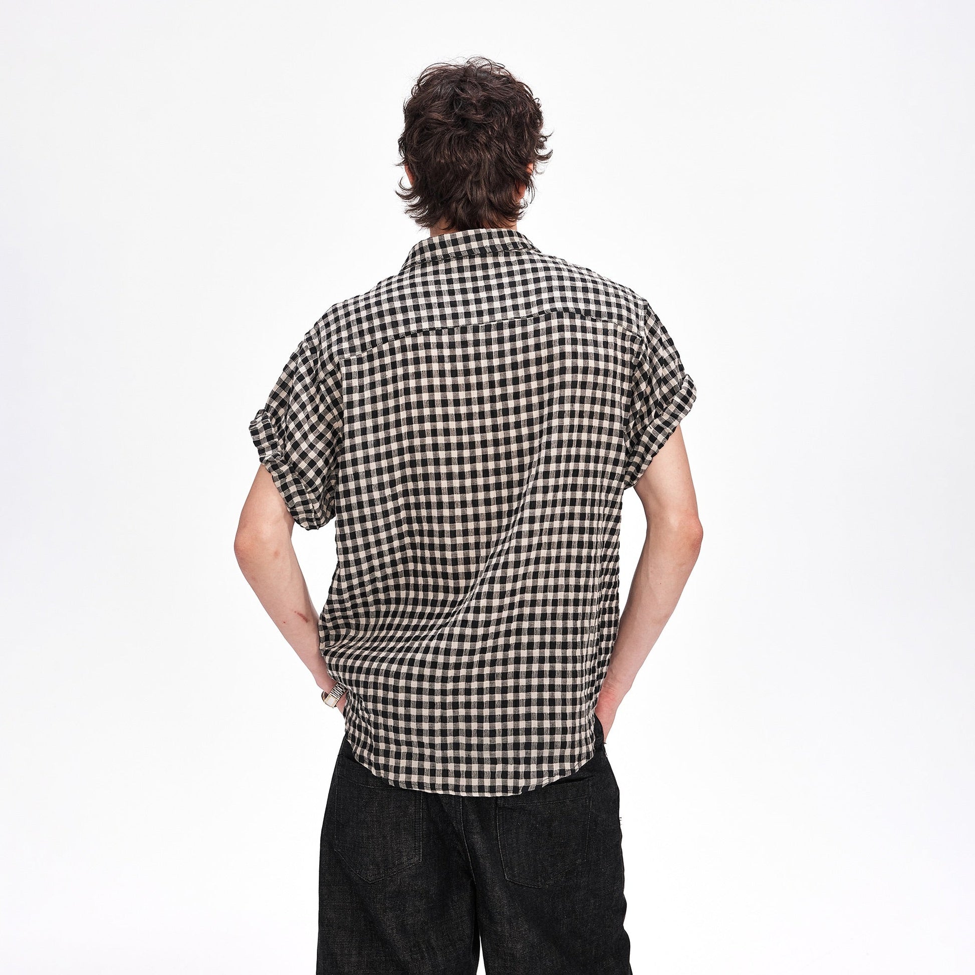 LABELROOM Rolled-Sleeve Linen Check Shirt-Half shirt-XS (Preorder)-Free Shipping Leatheretro
