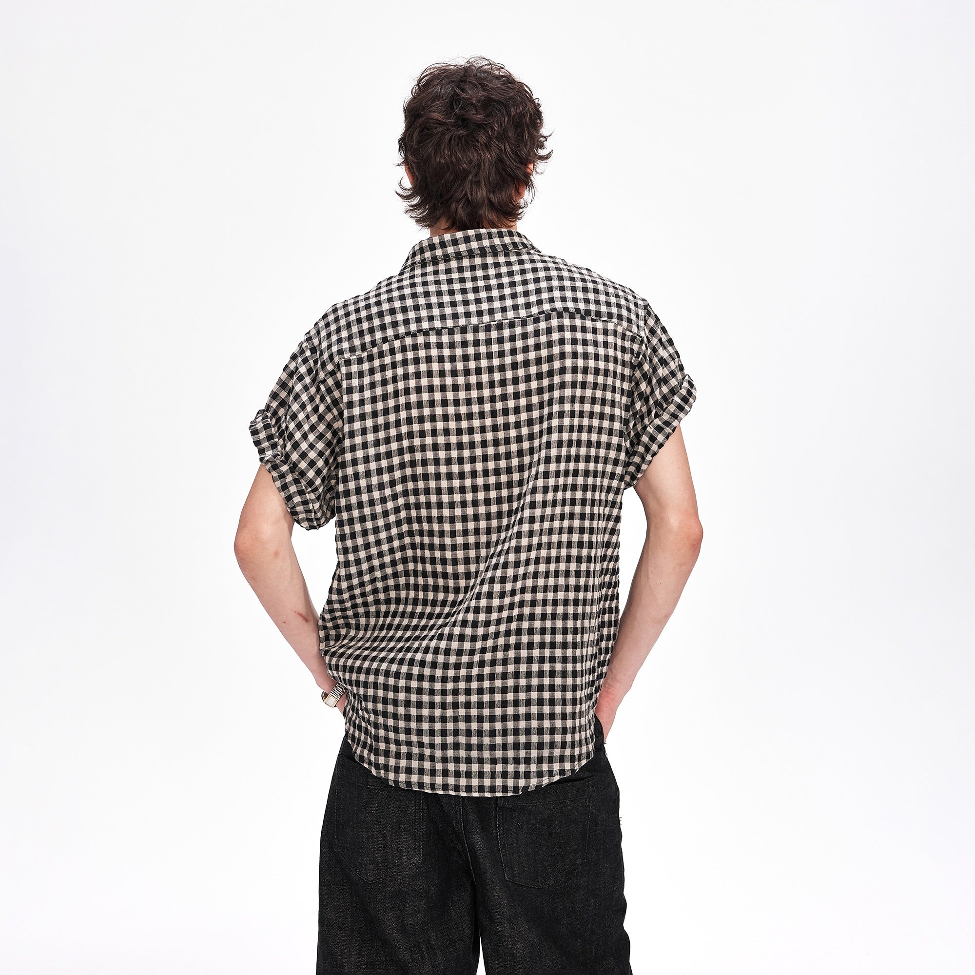 LABELROOM Rolled-Sleeve Linen Check Shirt-Half shirt-XS (Preorder)-Free Shipping Leatheretro