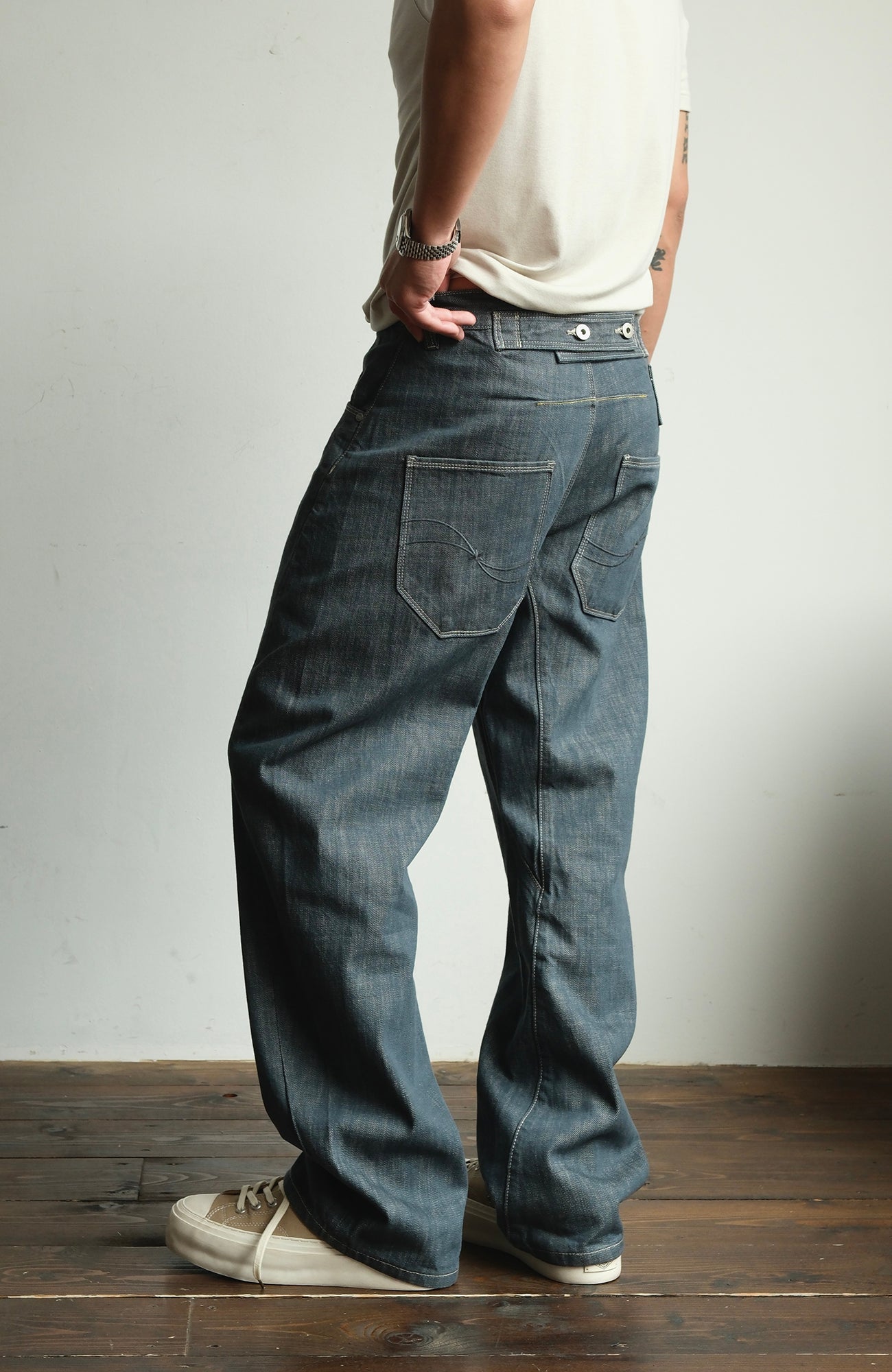 NEIGBORL Back-Buckle Washed Raw Denim Pants-Jeans-S (Preorder)-Free Shipping Leatheretro