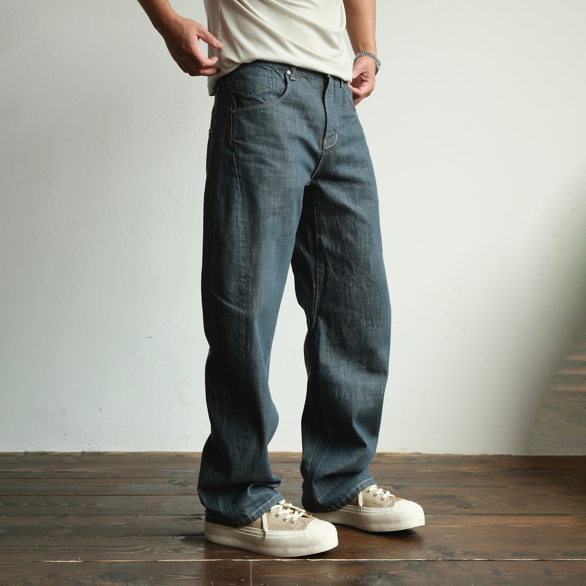 NEIGBORL Back-Buckle Washed Raw Denim Pants-Jeans-S (Preorder)-Free Shipping Leatheretro