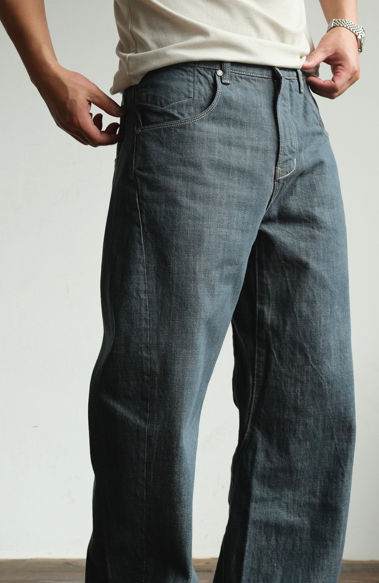 NEIGBORL Back-Buckle Washed Raw Denim Pants-Jeans-S (Preorder)-Free Shipping Leatheretro