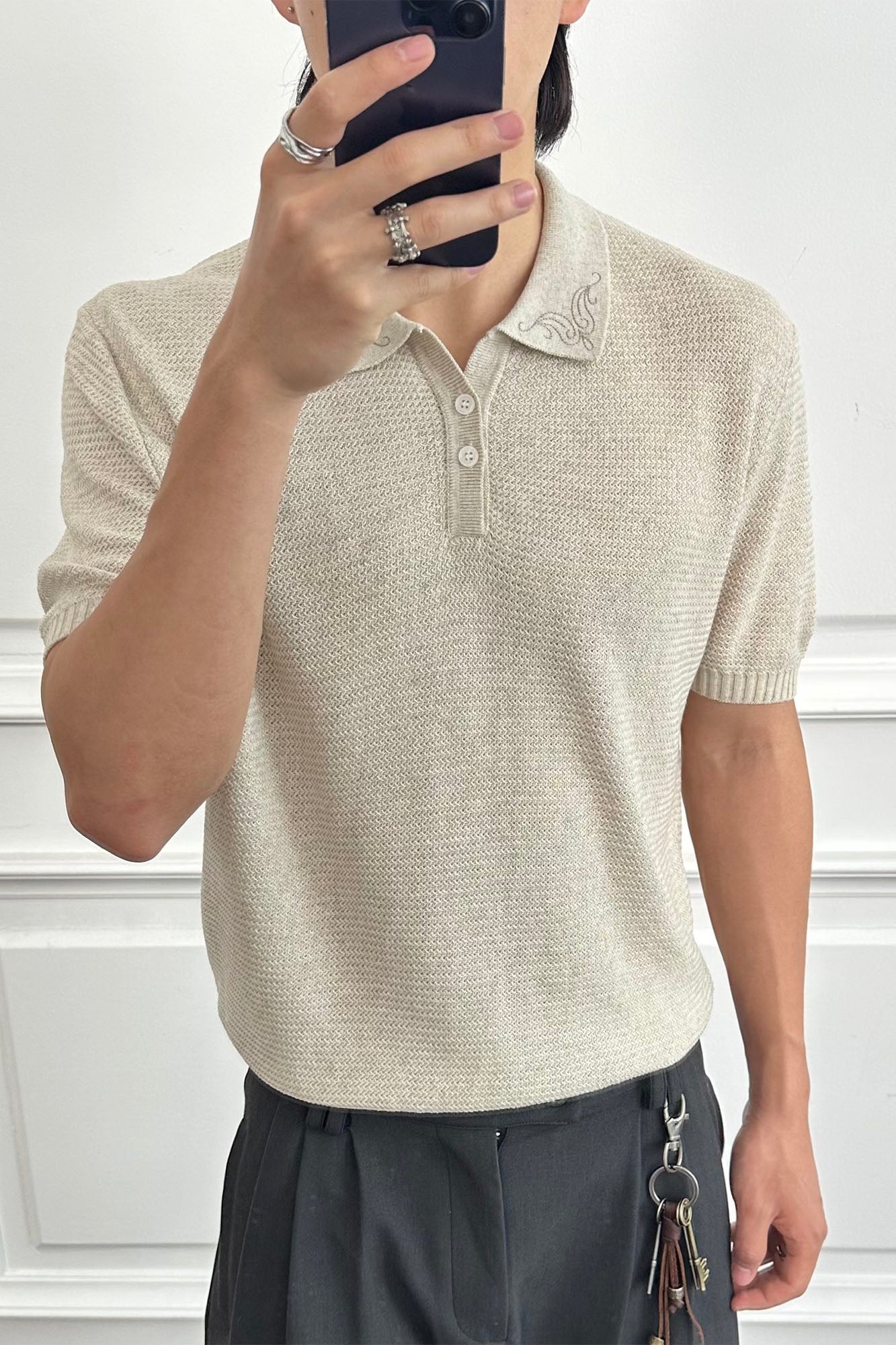 CATSSTAC Linen-Blend Knitted Polo Tee-Shirt-M-Beige-Free Shipping Leatheretro