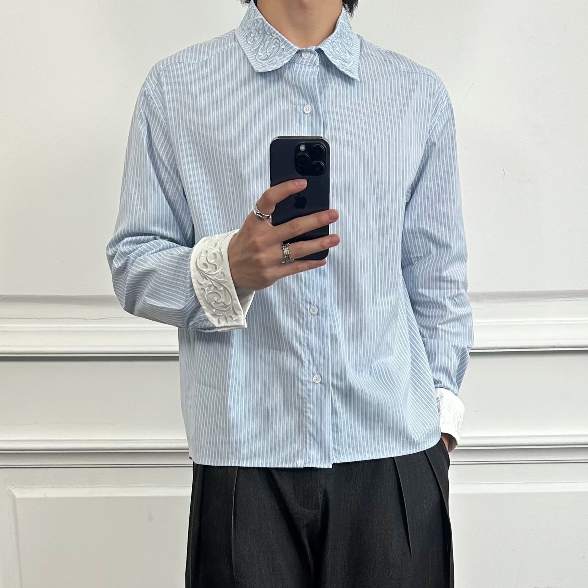 CATSSTAC Vine Embroidered Striped Shirt-T Shirt-S-Free Shipping Leatheretro