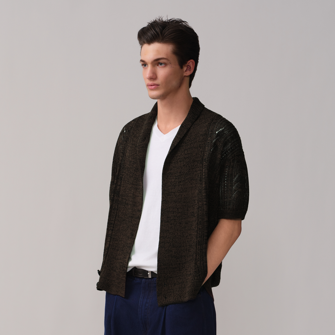 OPICLOTH Retro Shawl Collar Open-Knit Short-Sleeve Cardigan-Sweater-XS-Free Shipping Leatheretro