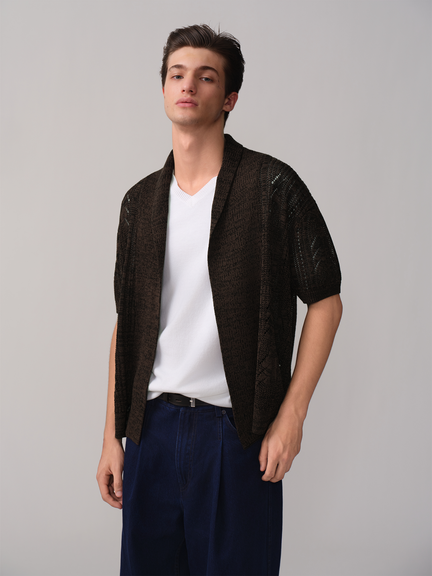 OPICLOTH Retro Shawl Collar Open-Knit Short-Sleeve Cardigan-Sweater-XS-Free Shipping Leatheretro