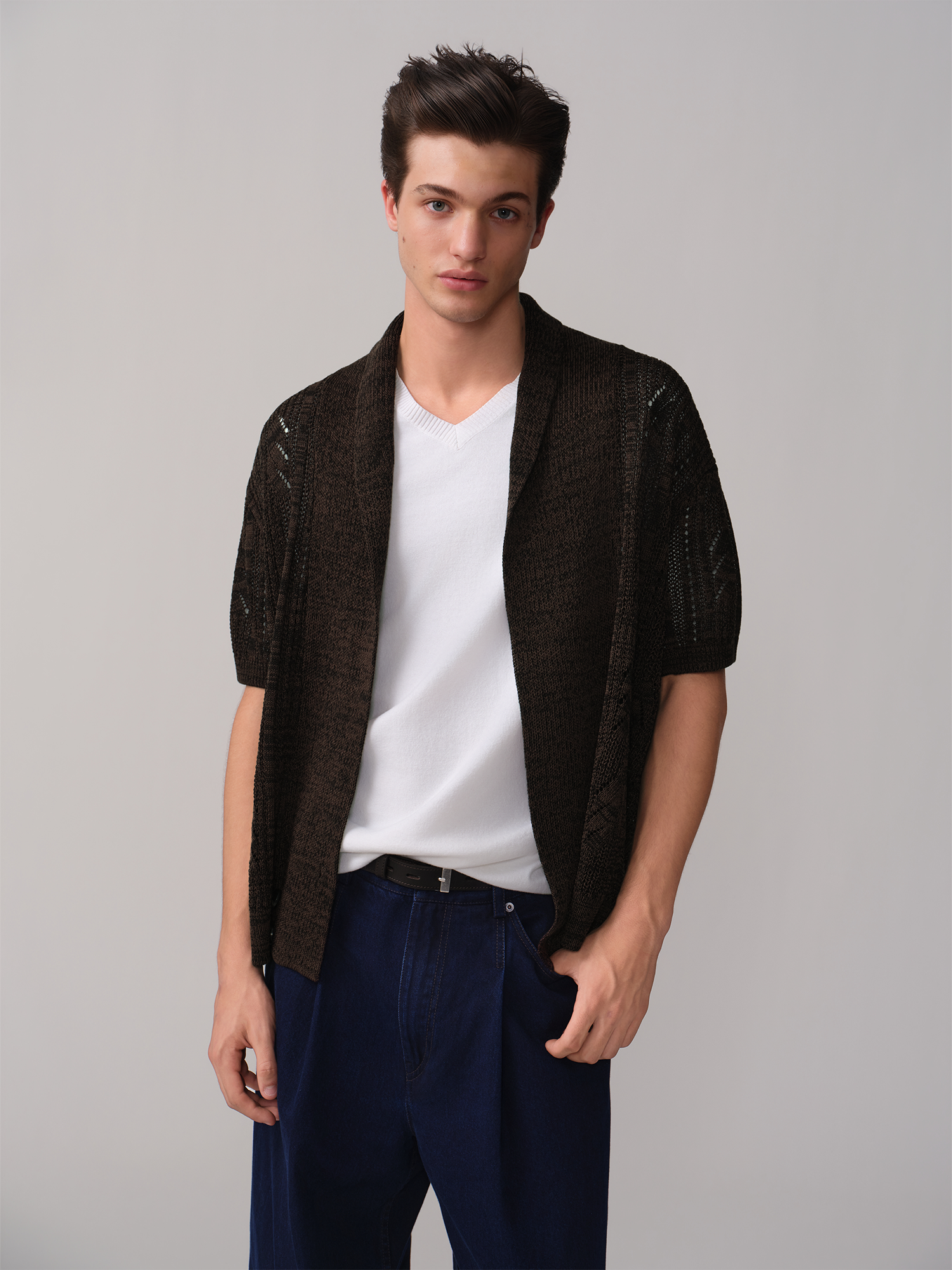 OPICLOTH Retro Shawl Collar Open-Knit Short-Sleeve Cardigan-Sweater-XS-Free Shipping Leatheretro