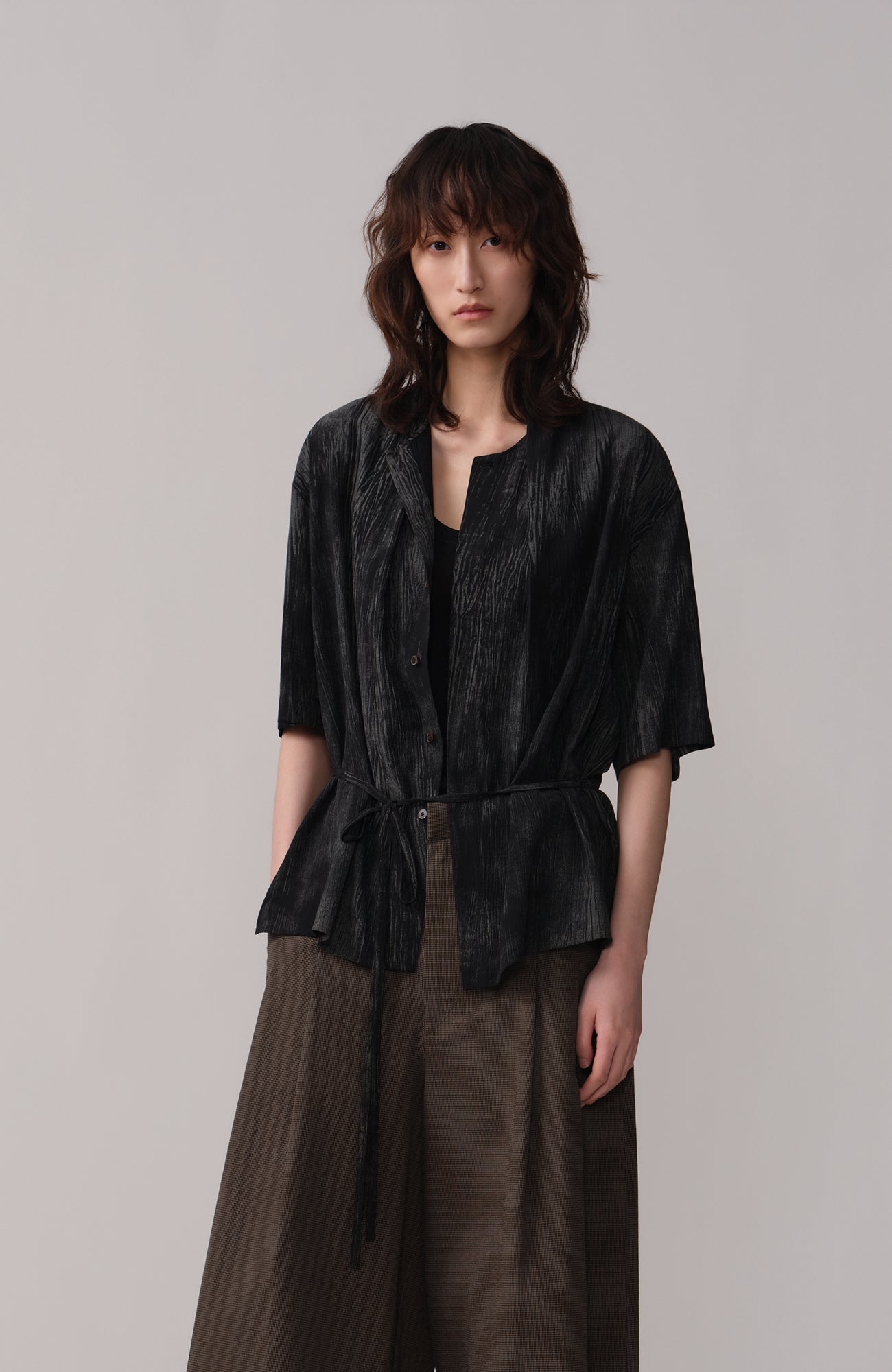 OPICLOTH Crinkled Draped Half Shirt-Half shirt-XS-Free Shipping Leatheretro