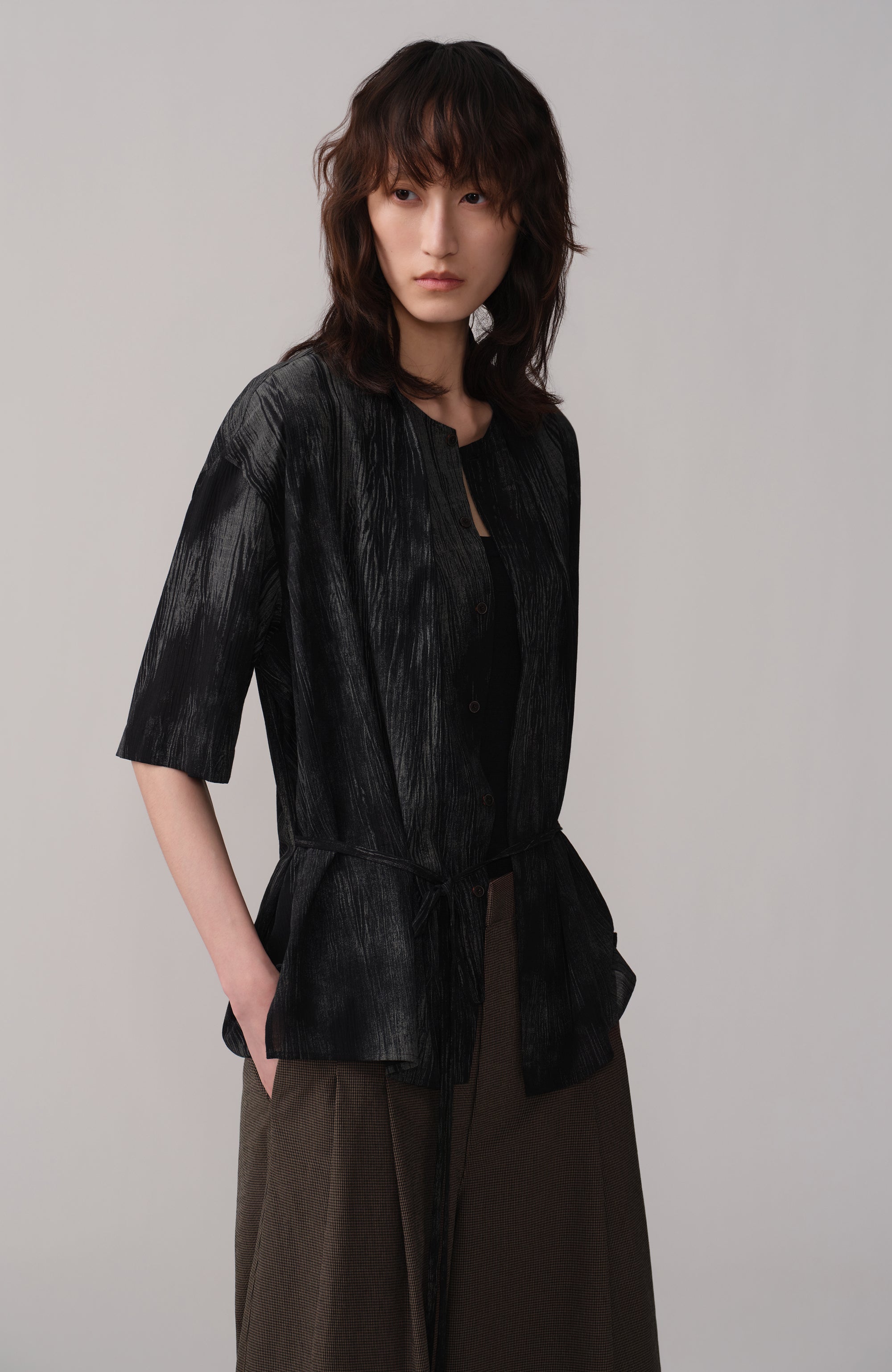 OPICLOTH Crinkled Draped Half Shirt-Half shirt-XS-Free Shipping Leatheretro