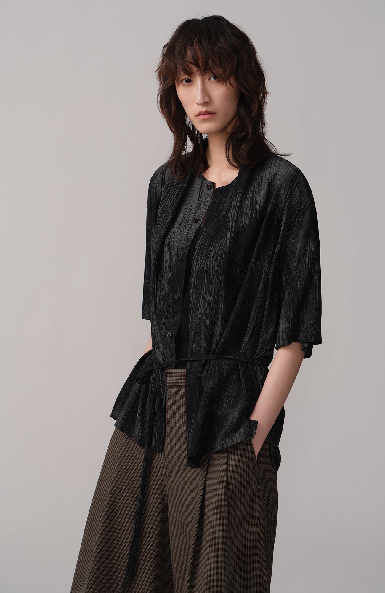 OPICLOTH Crinkled Draped Half Shirt-Half shirt-XS-Free Shipping Leatheretro