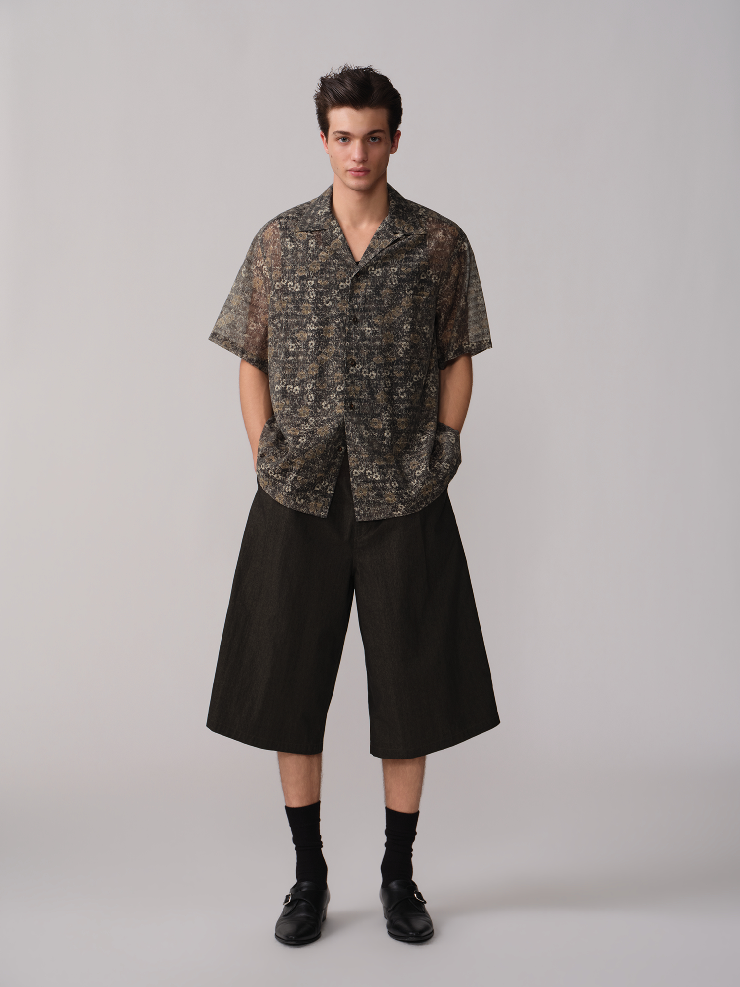 OPICLOTH Shadow Floral Cuban Collar Half Shirt-Half shirt-XS-Free Shipping Leatheretro
