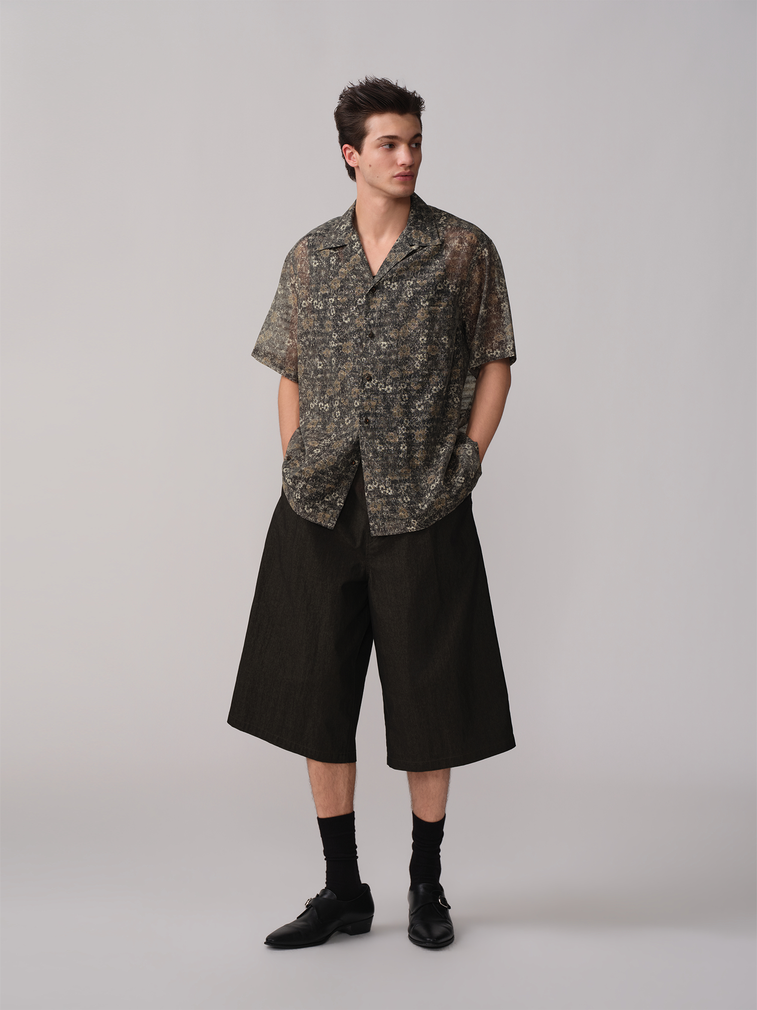 OPICLOTH Shadow Floral Cuban Collar Half Shirt-Half shirt-XS-Free Shipping Leatheretro