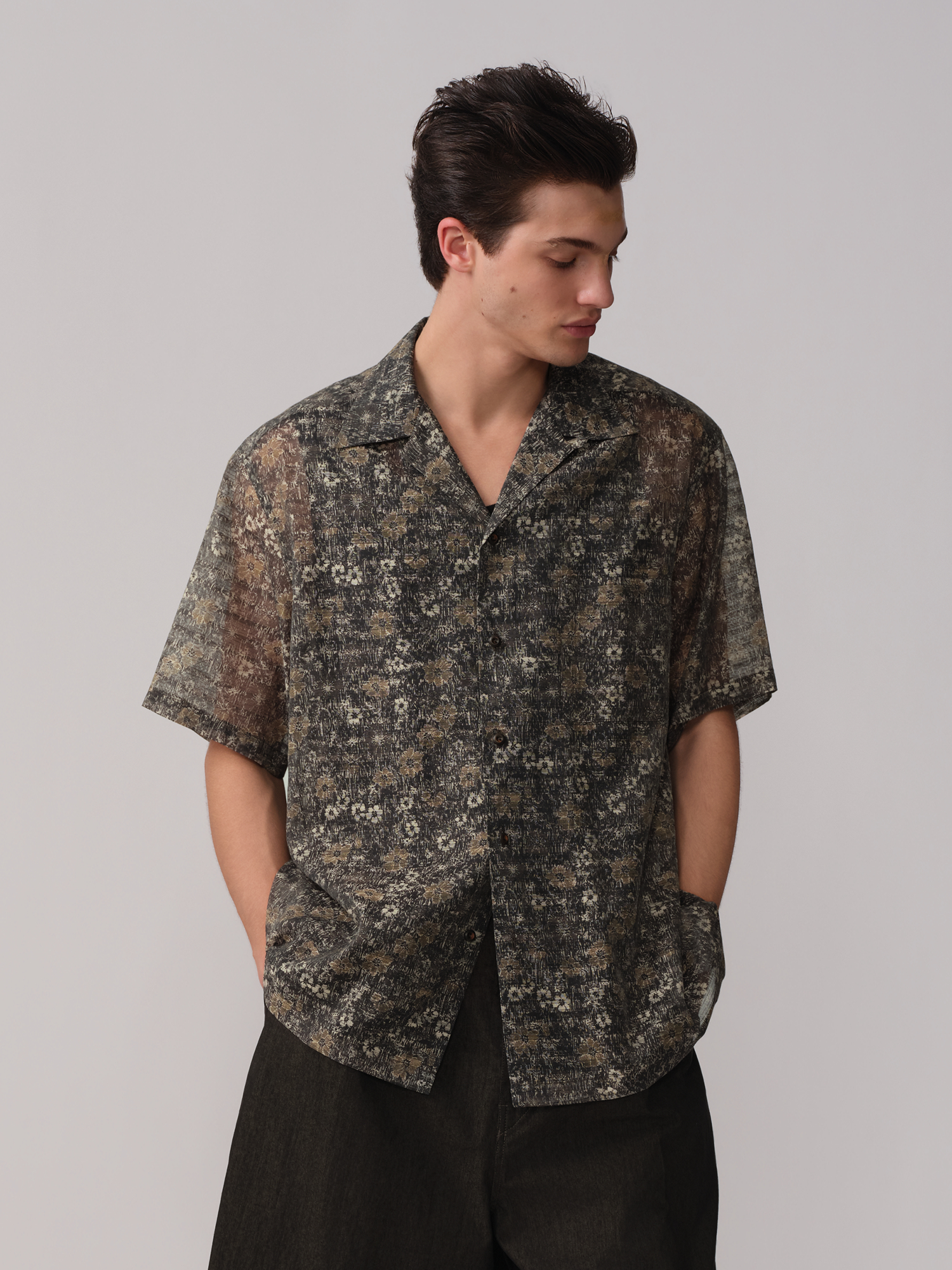 OPICLOTH Shadow Floral Cuban Collar Half Shirt-Half shirt-XS-Free Shipping Leatheretro