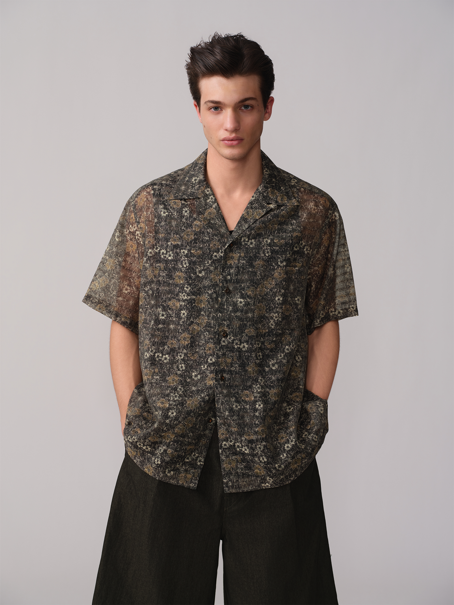 OPICLOTH Shadow Floral Cuban Collar Half Shirt-Half shirt-XS-Free Shipping Leatheretro