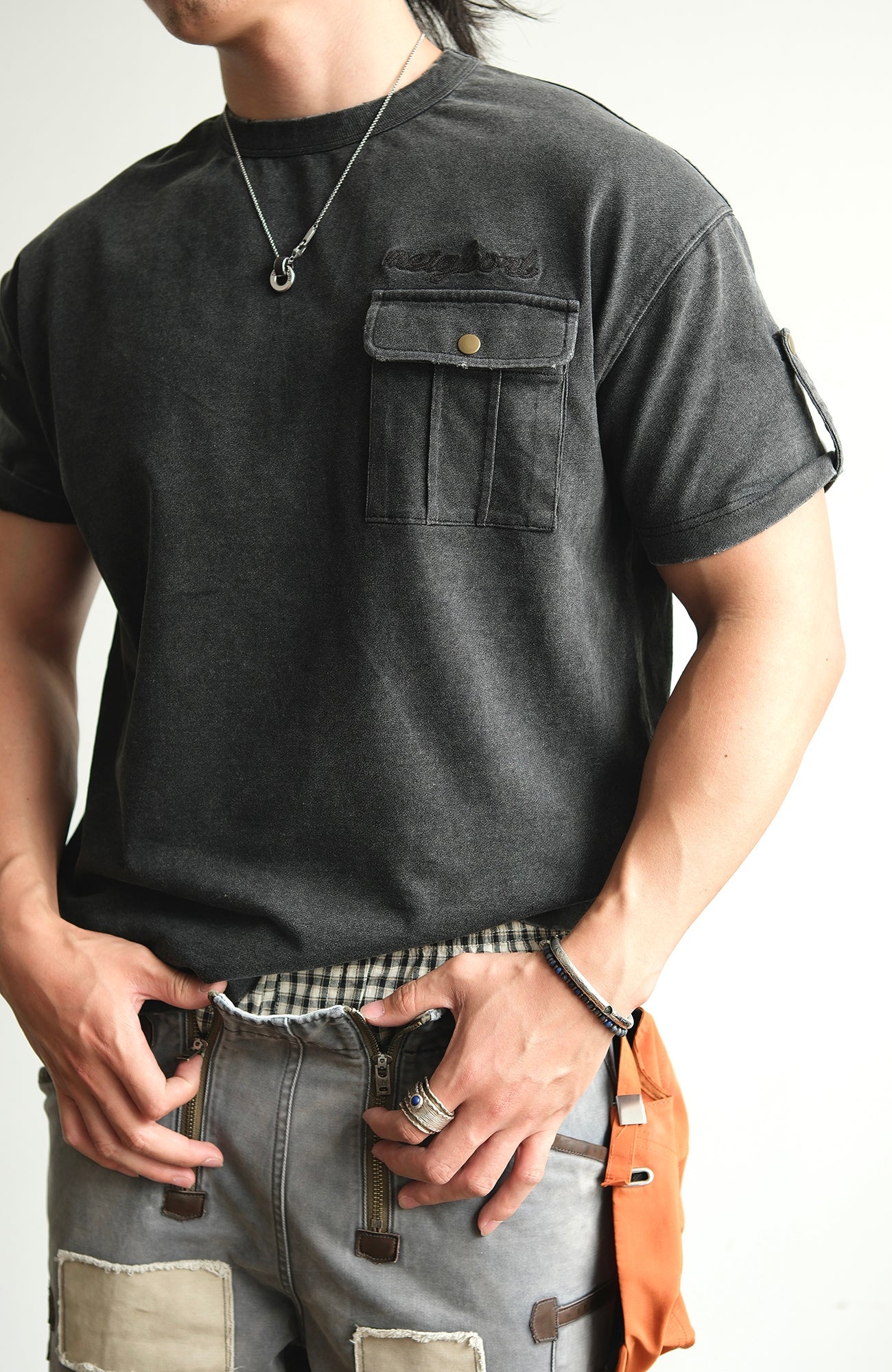 NEIGBORL Retro Washed Embroidered Pocket Tee-T Shirt-S (Preorder)-Black-Free Shipping Leatheretro