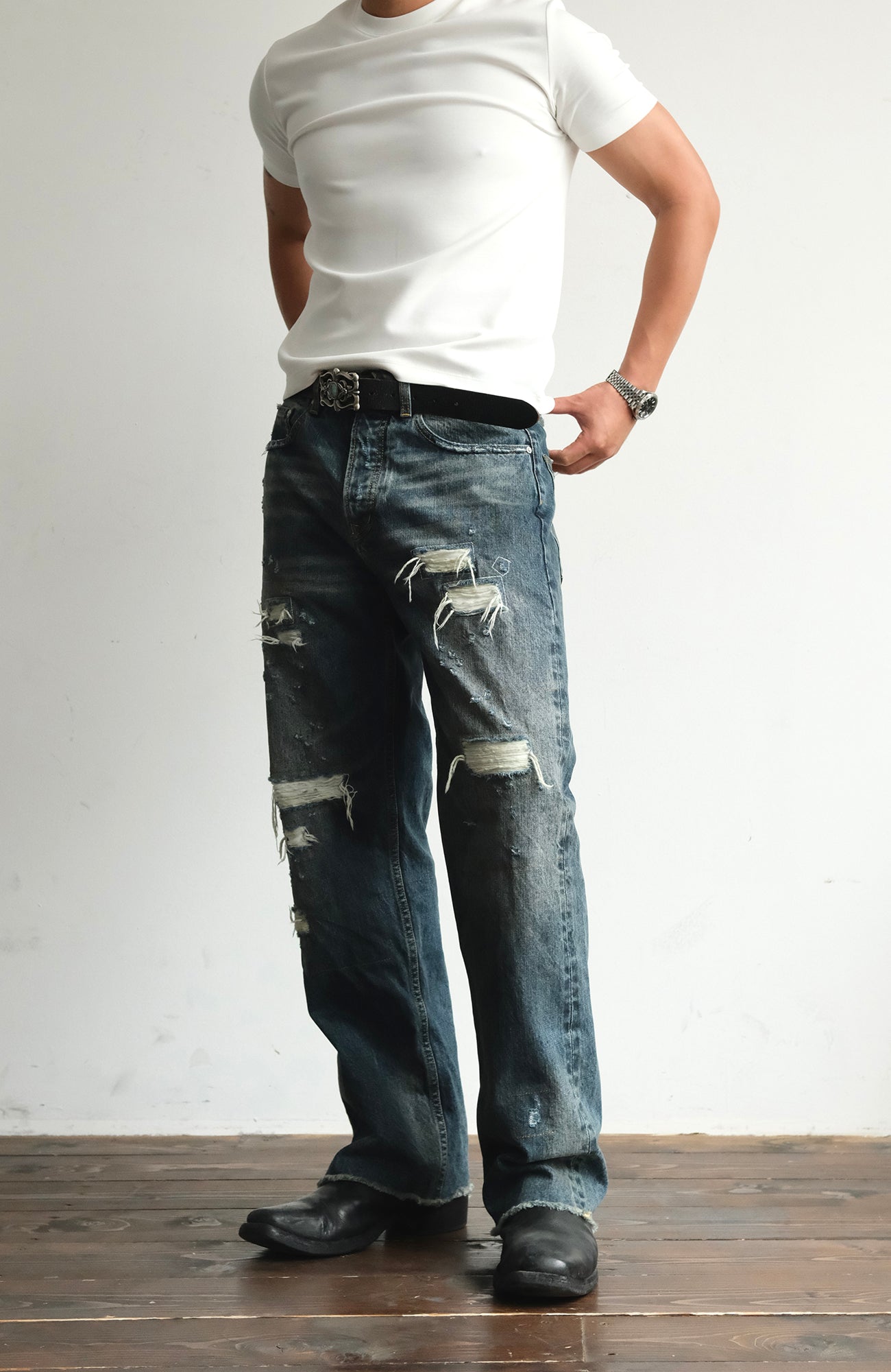 NEIGBORL Distressed Straight-Leg Denim Pants-Jeans-S (Preorder)-Free Shipping Leatheretro