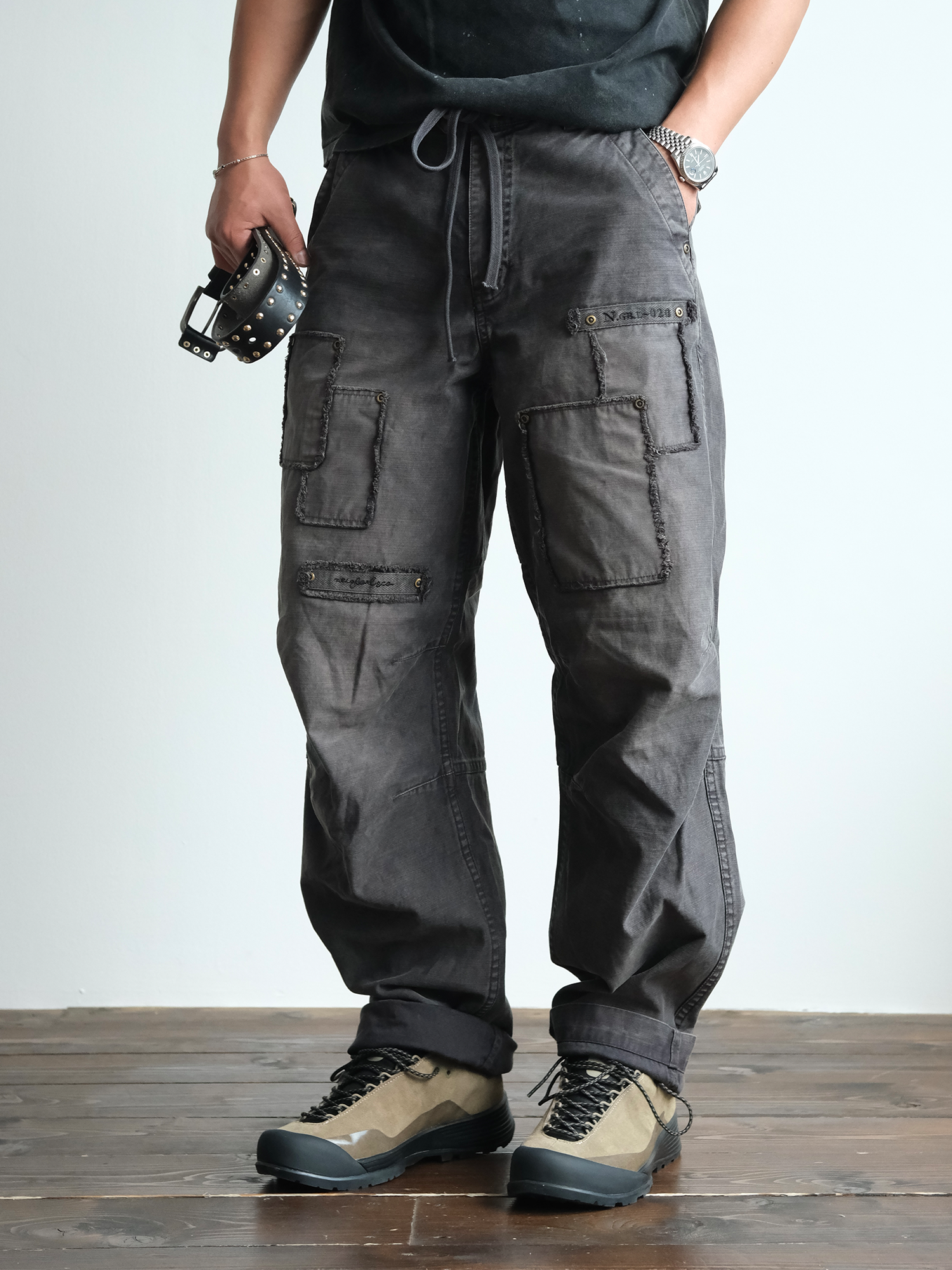 NEIGBORL Retro Washed Distressed Patch Cargo Pants-Pants-S-Free Shipping Leatheretro