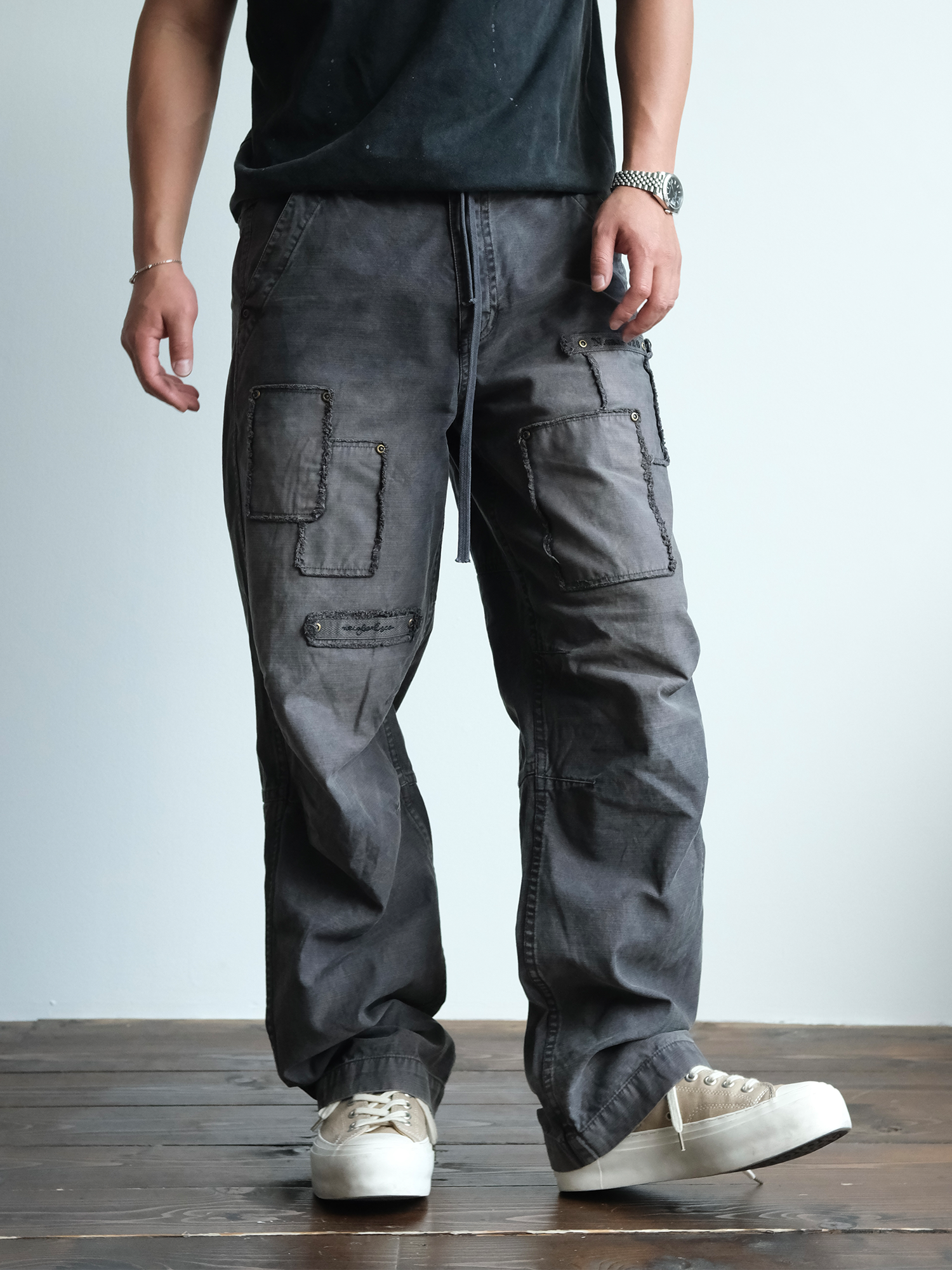 NEIGBORL Retro Washed Distressed Patch Cargo Pants-Pants-S-Free Shipping Leatheretro