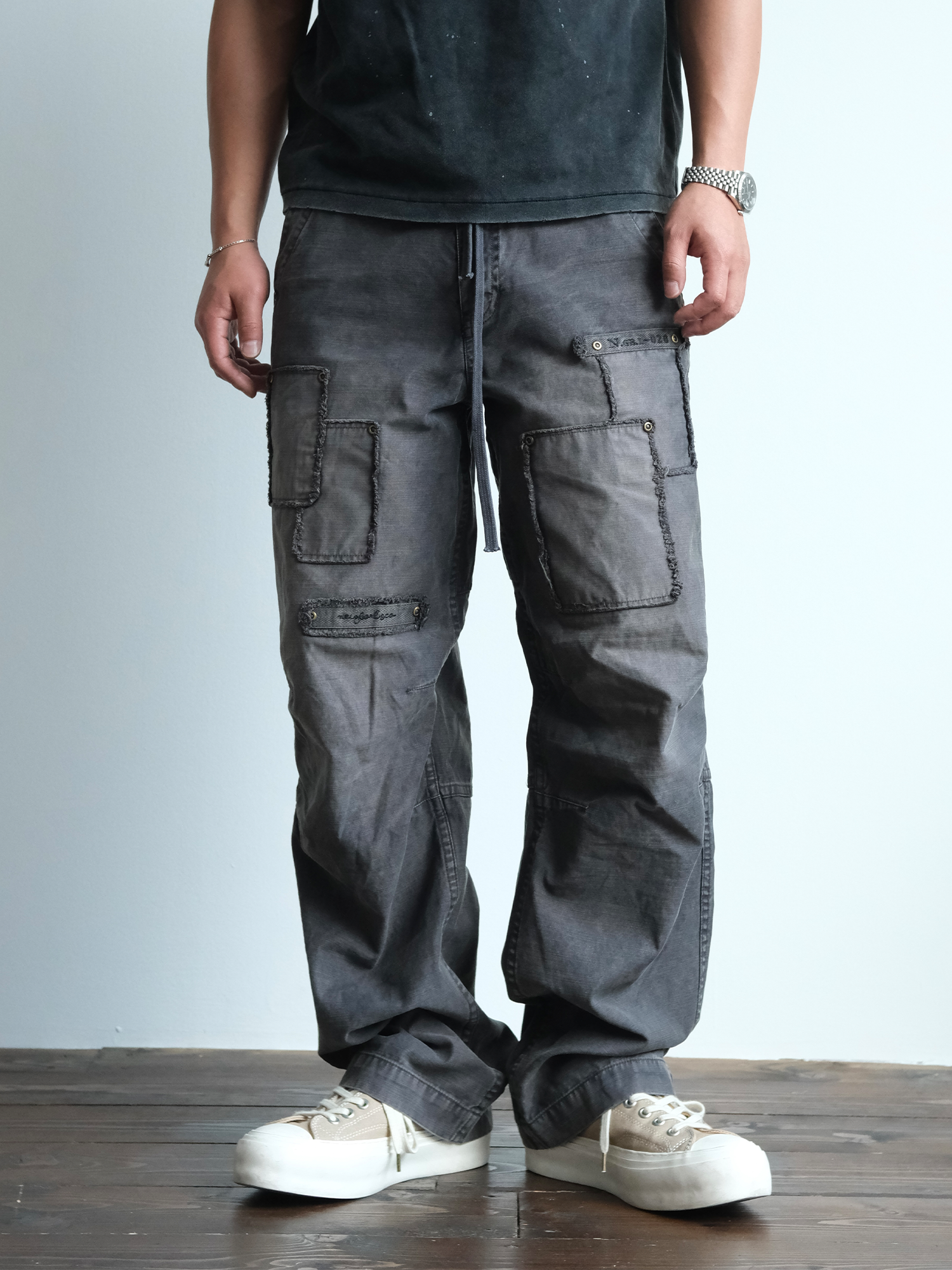 NEIGBORL Retro Washed Distressed Patch Cargo Pants-Pants-S-Free Shipping Leatheretro