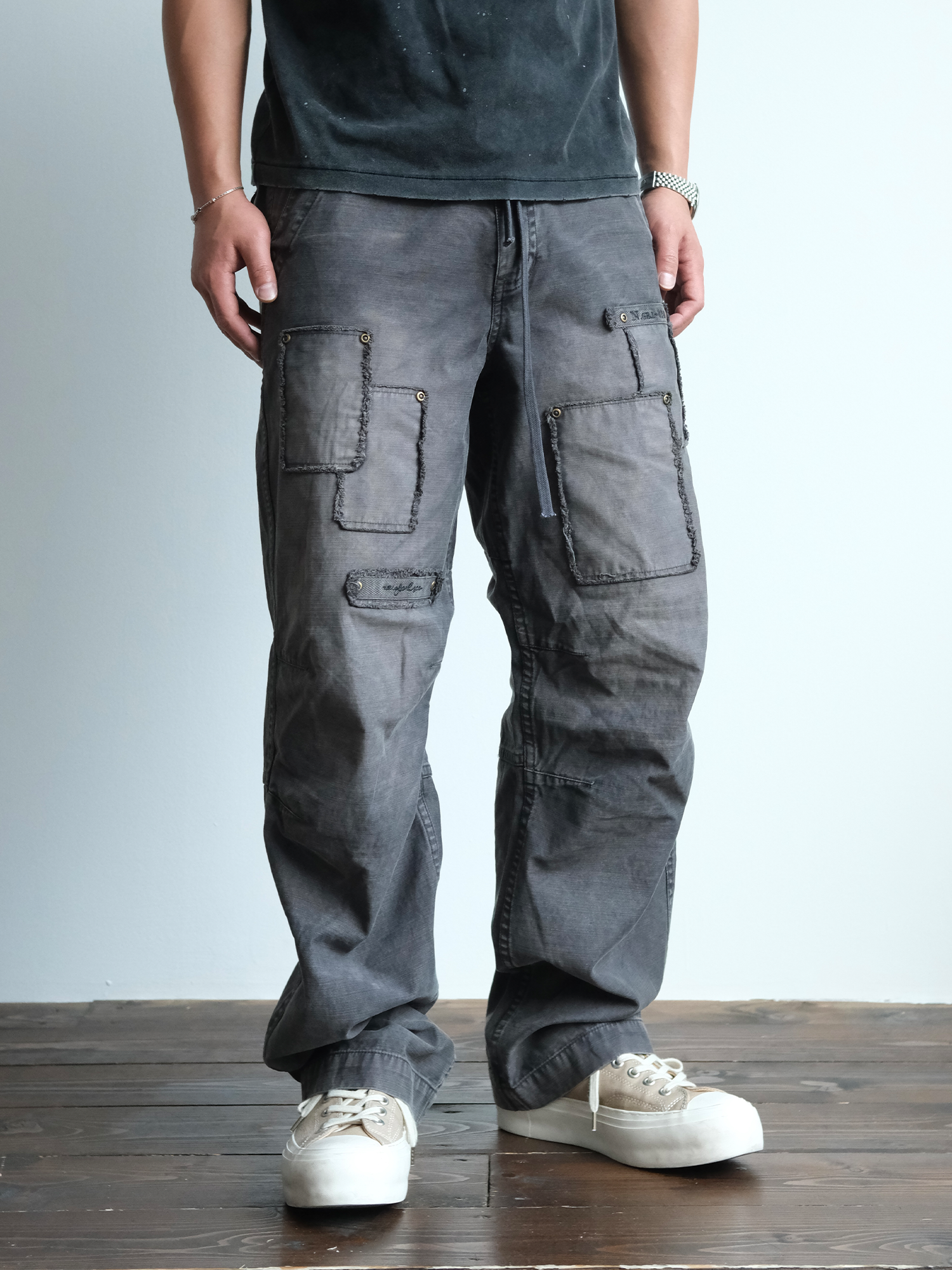 NEIGBORL Retro Washed Distressed Patch Cargo Pants-Pants-S-Free Shipping Leatheretro