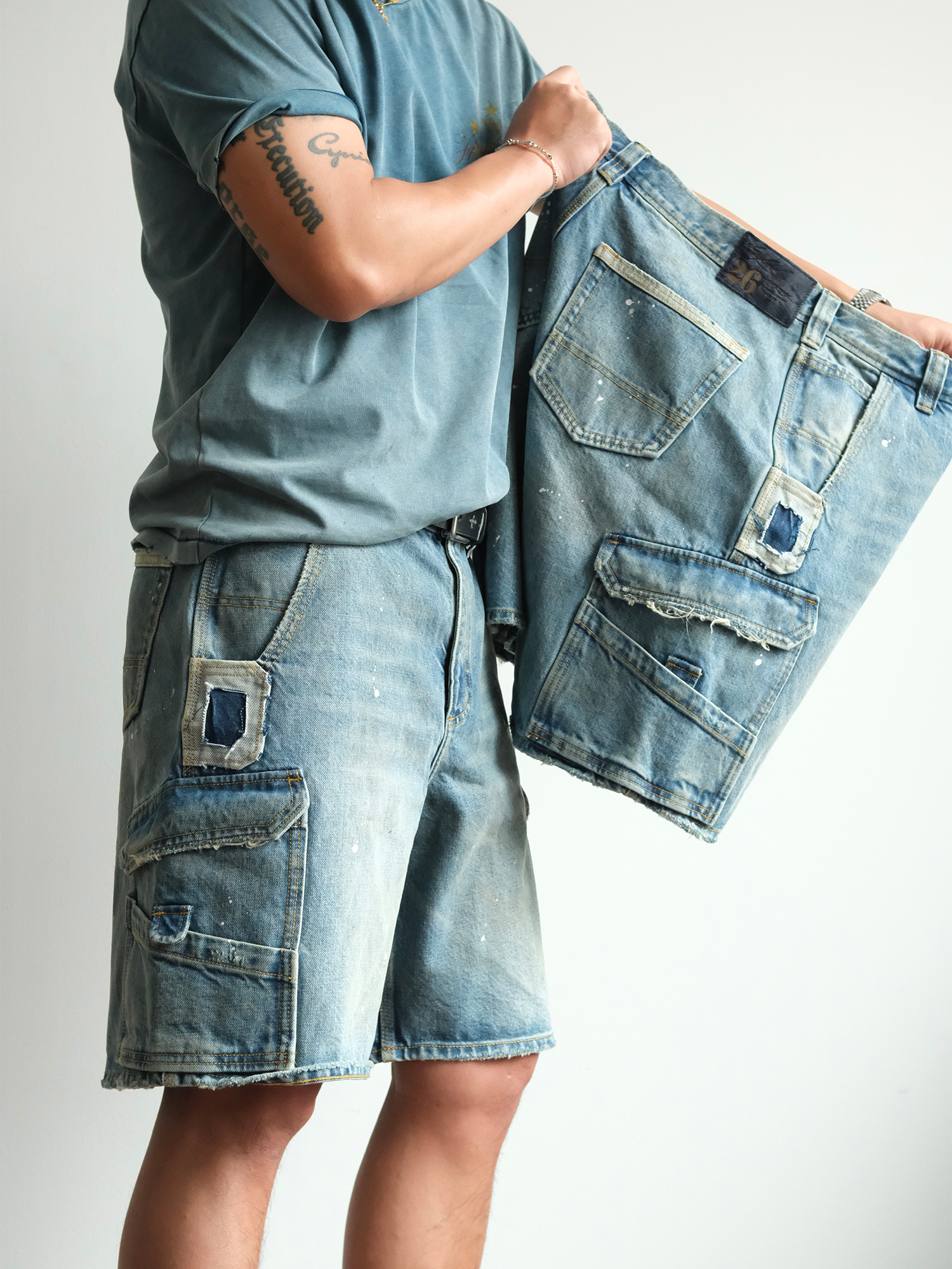 NEIGBORL Retro Washed Paint-Splattered Multi-Pocket Denim Shorts-Shorts-S / 30"-Free Shipping Leatheretro