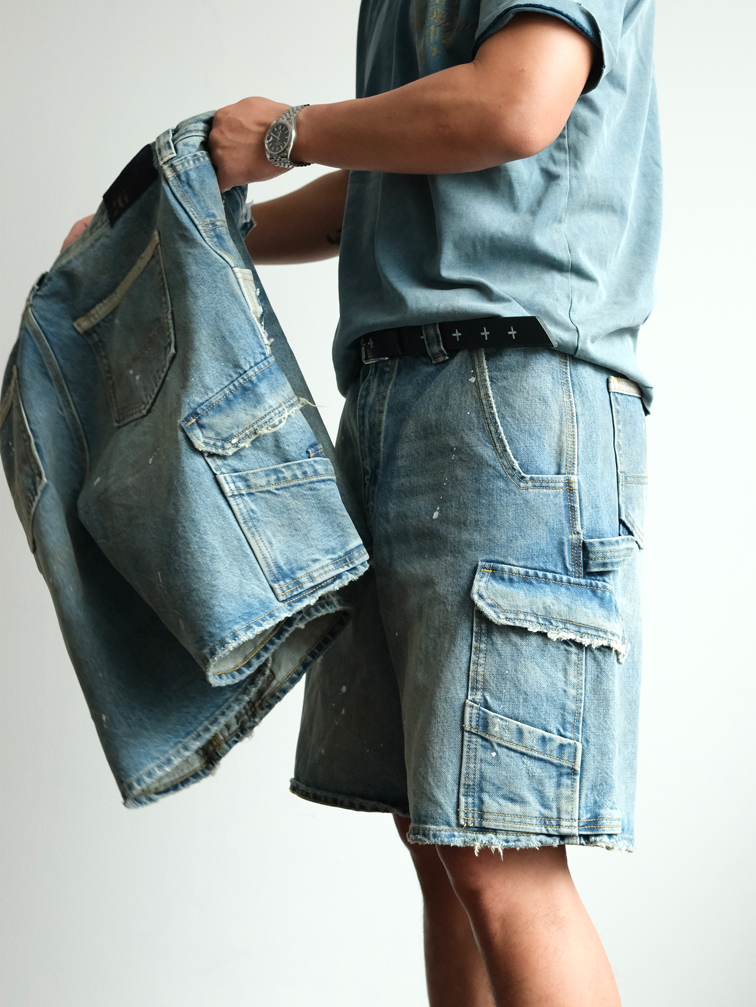 NEIGBORL Retro Washed Paint-Splattered Multi-Pocket Denim Shorts-Shorts-S / 30"-Free Shipping Leatheretro