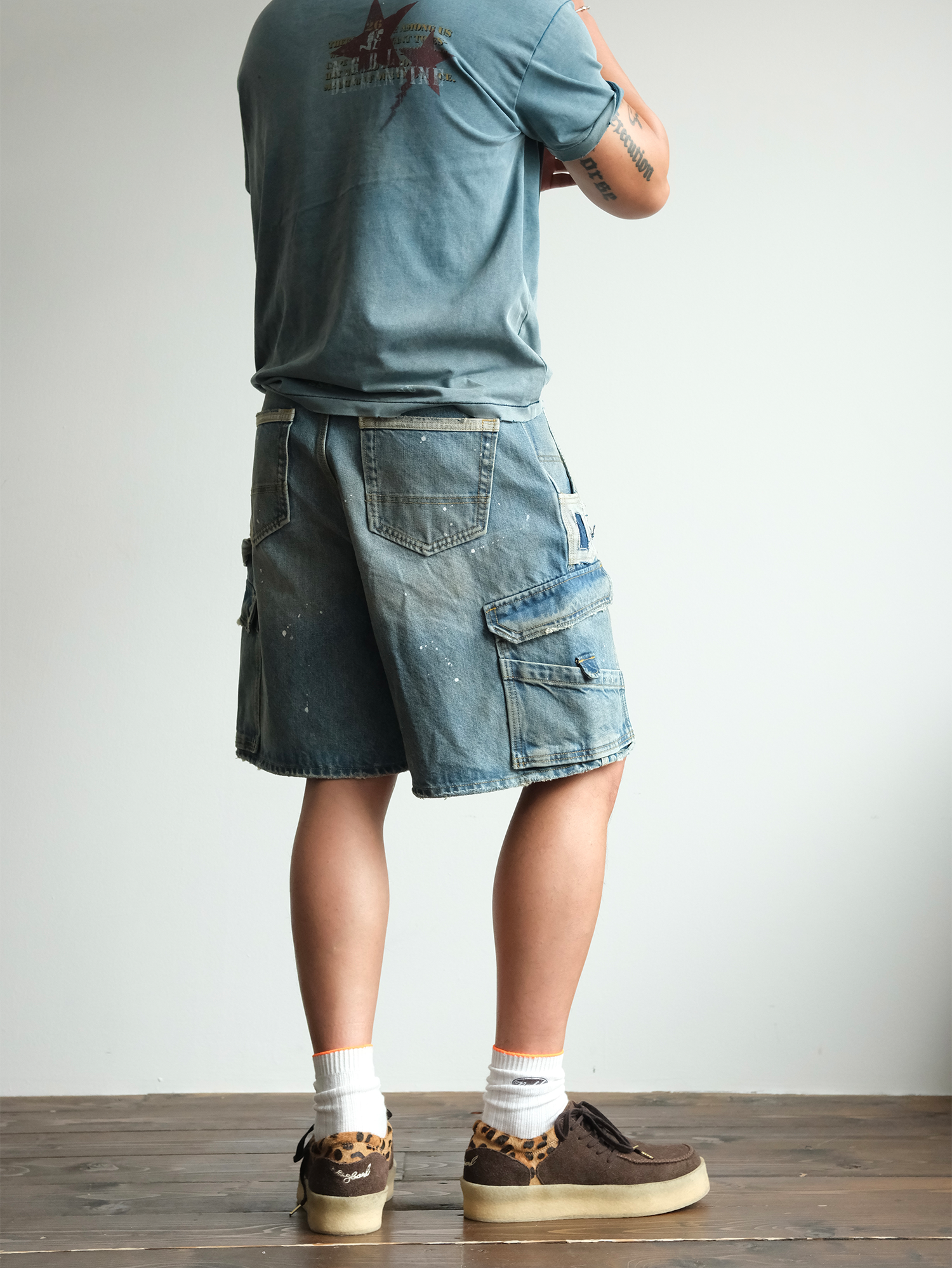NEIGBORL Retro Washed Paint-Splattered Multi-Pocket Denim Shorts-Shorts-S / 30"-Free Shipping Leatheretro