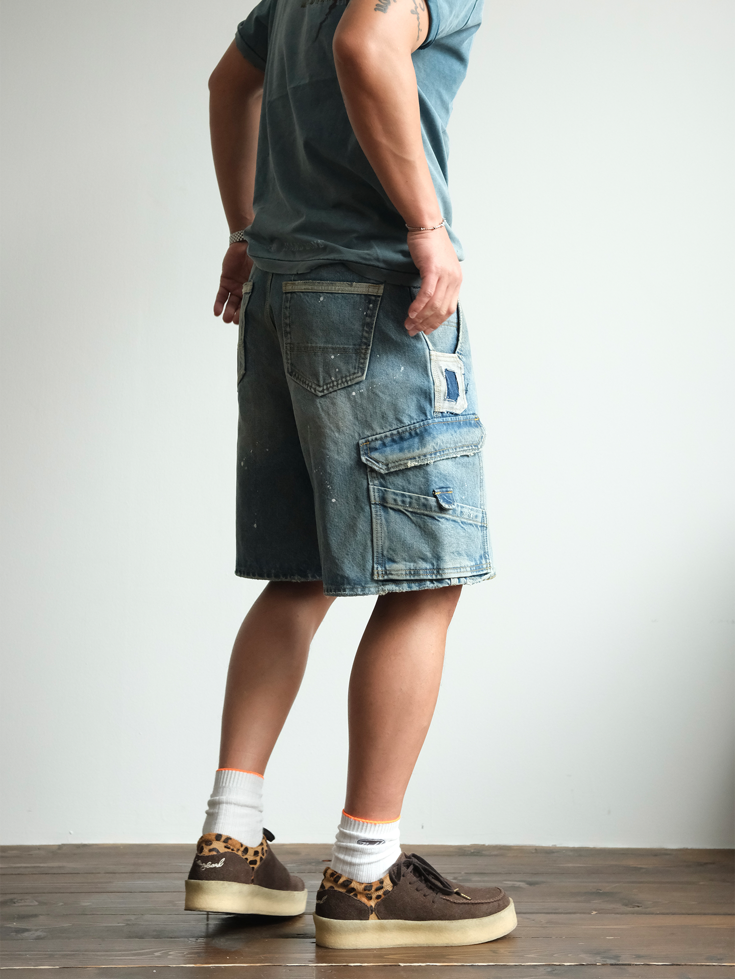 NEIGBORL Retro Washed Paint-Splattered Multi-Pocket Denim Shorts-Shorts-S / 30"-Free Shipping Leatheretro