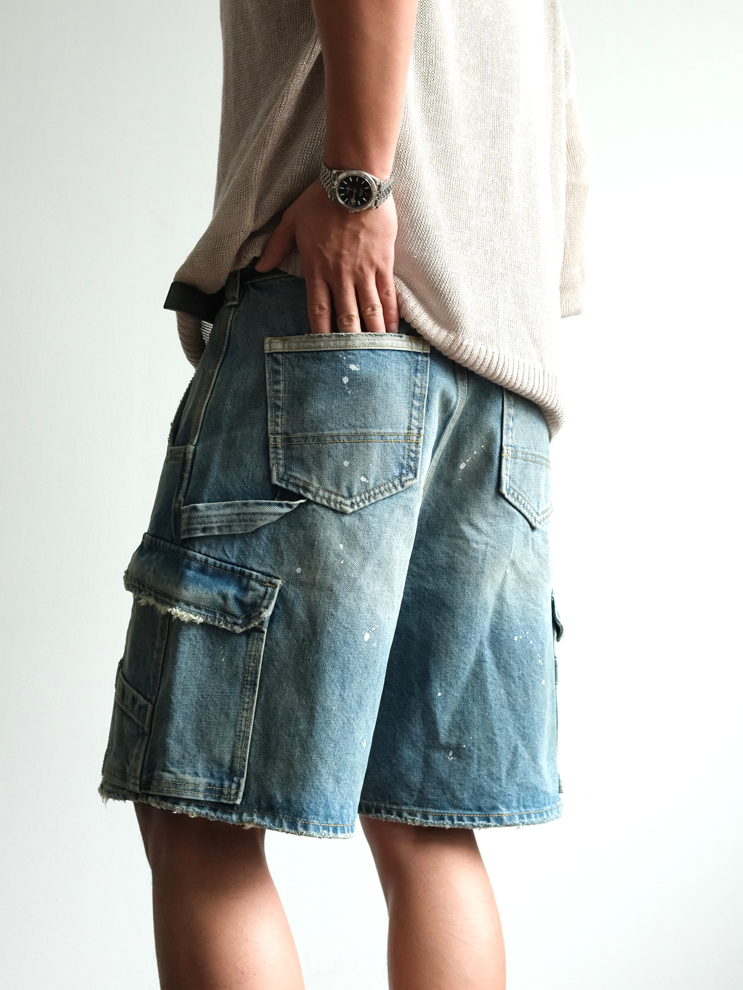 NEIGBORL Retro Washed Paint-Splattered Multi-Pocket Denim Shorts-Shorts-S / 30"-Free Shipping Leatheretro