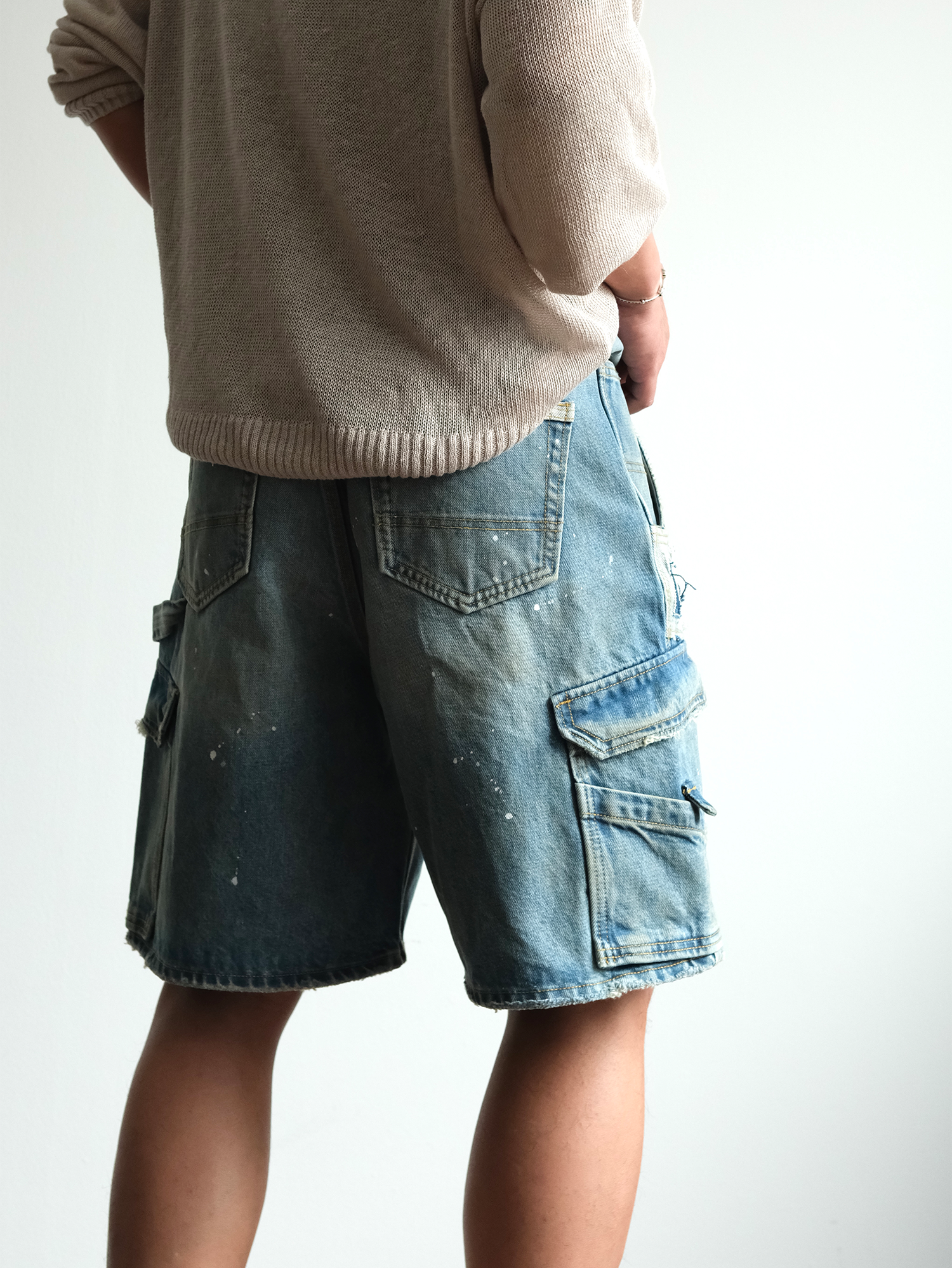 NEIGBORL Retro Washed Paint-Splattered Multi-Pocket Denim Shorts-Shorts-S / 30"-Free Shipping Leatheretro