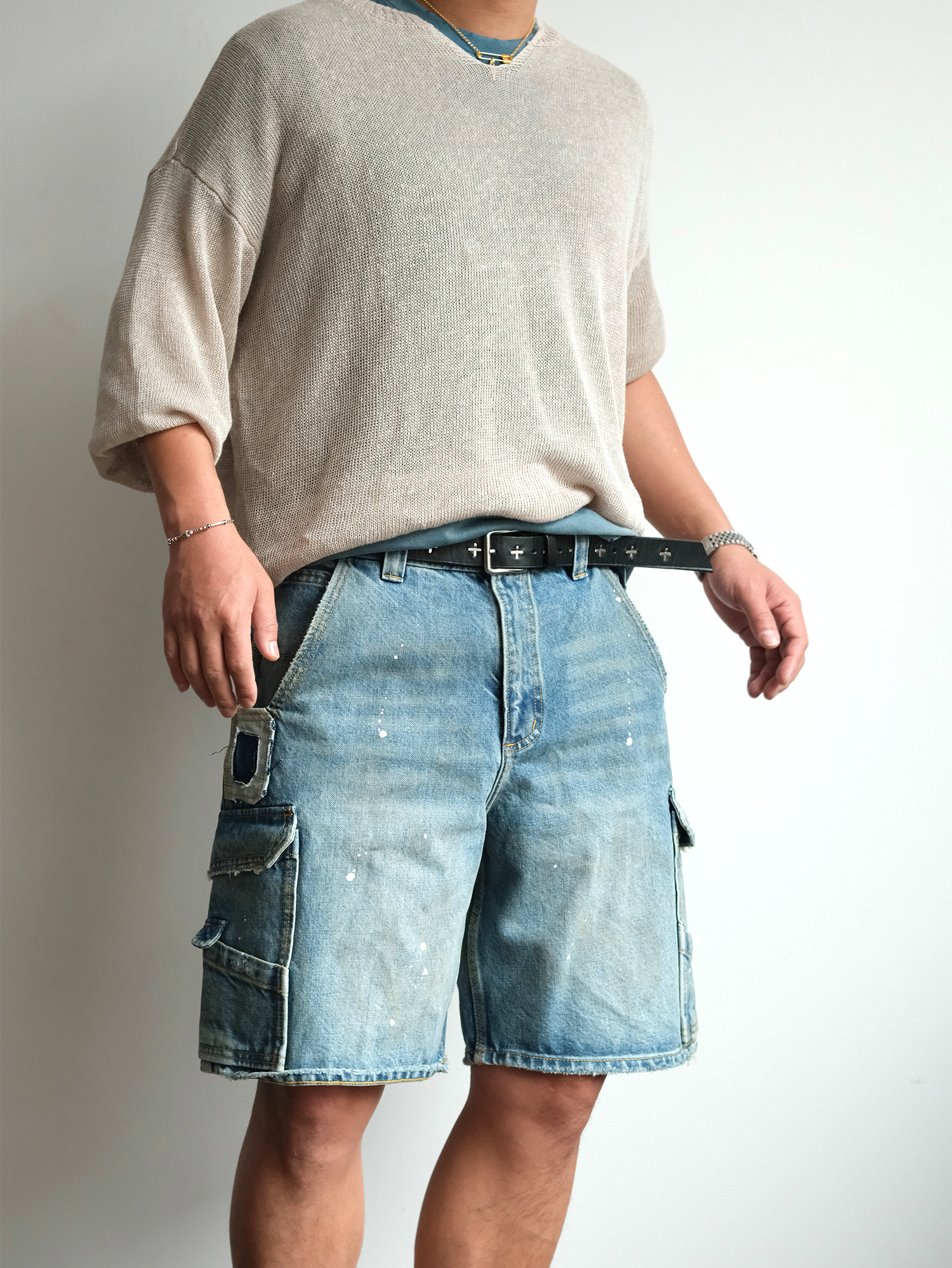NEIGBORL Retro Washed Paint-Splattered Multi-Pocket Denim Shorts-Shorts-S / 30"-Free Shipping Leatheretro