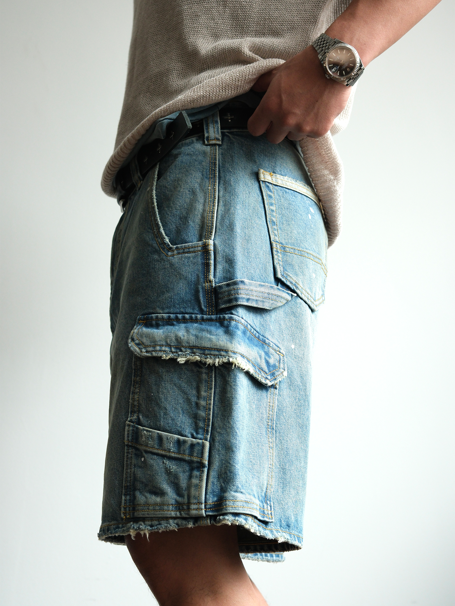 NEIGBORL Retro Washed Paint-Splattered Multi-Pocket Denim Shorts-Shorts-S / 30"-Free Shipping Leatheretro