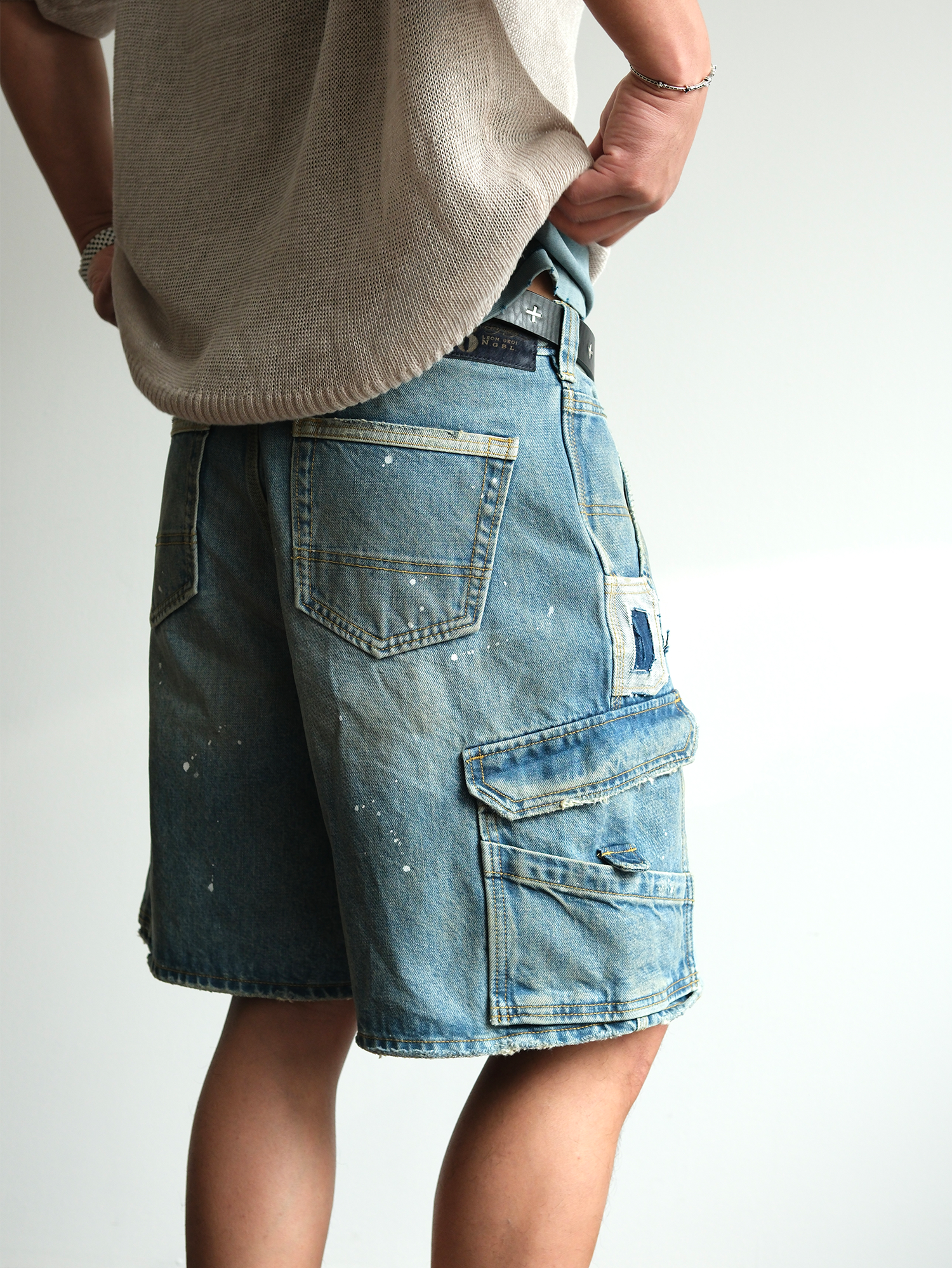 NEIGBORL Retro Washed Paint-Splattered Multi-Pocket Denim Shorts-Shorts-S / 30"-Free Shipping Leatheretro