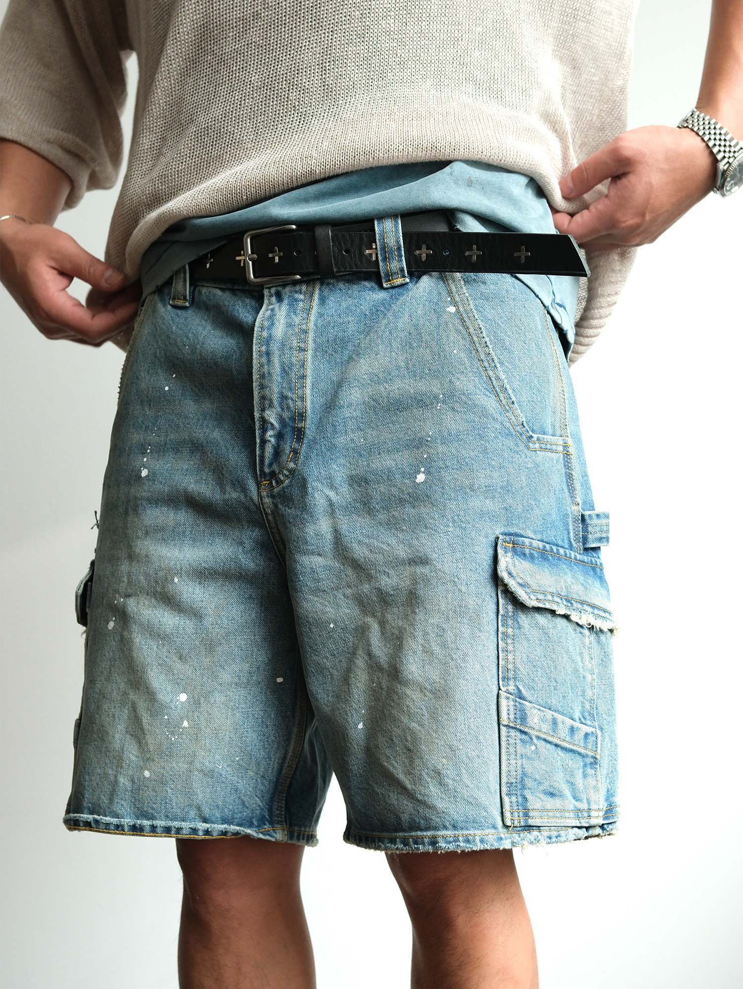 NEIGBORL Retro Washed Paint-Splattered Multi-Pocket Denim Shorts-Shorts-S / 30"-Free Shipping Leatheretro