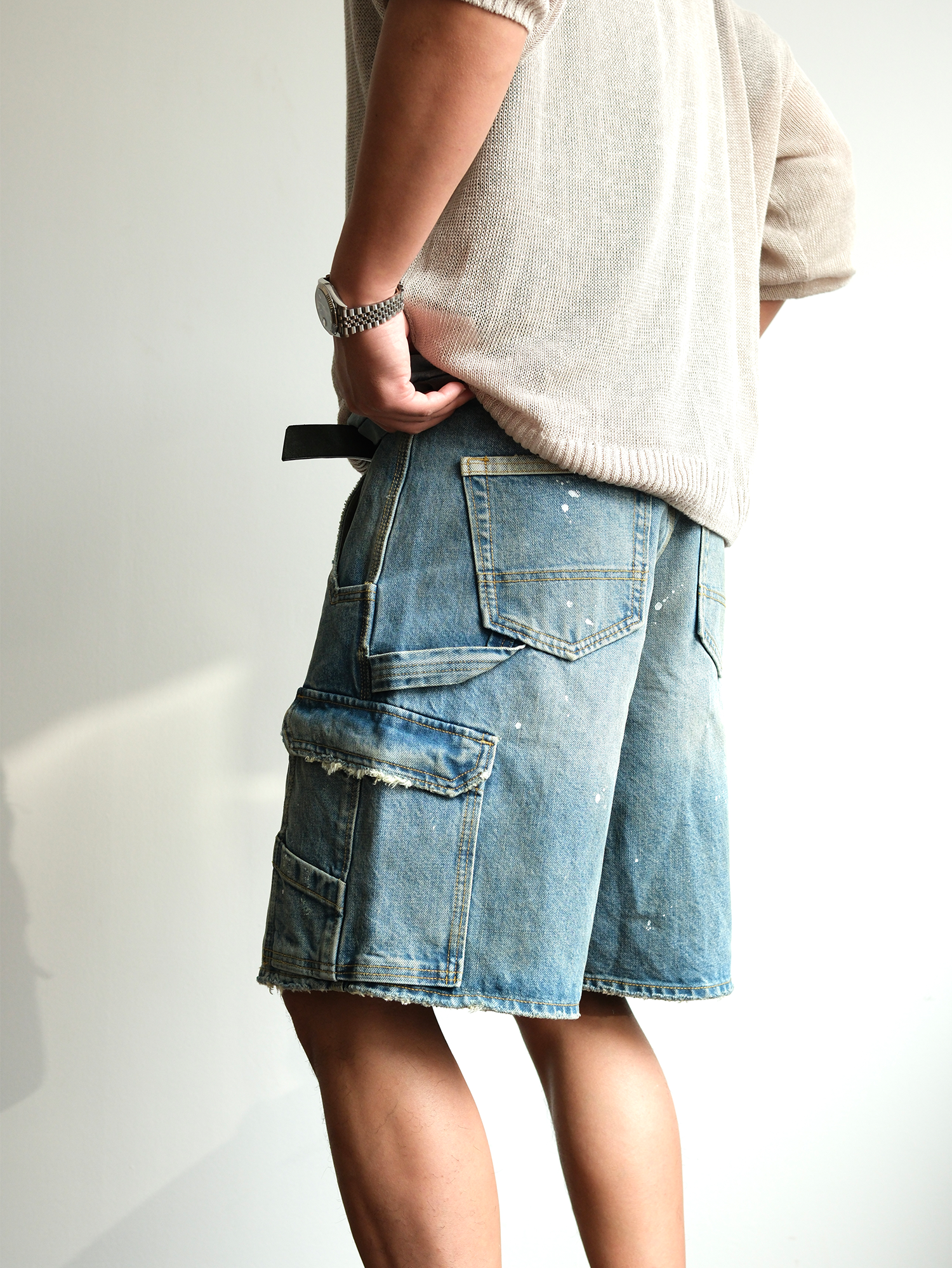 NEIGBORL Retro Washed Paint-Splattered Multi-Pocket Denim Shorts-Shorts-S / 30"-Free Shipping Leatheretro