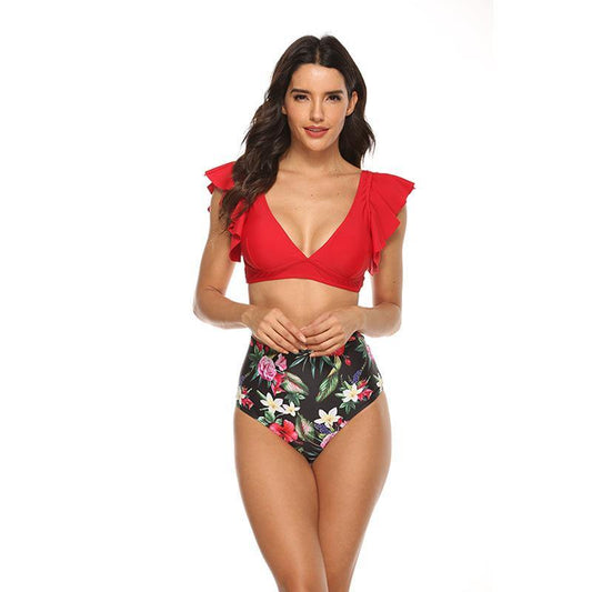Ruffled High Waist Floral Bikini-Plus Size Swimwear-Red-S-Free Shipping Leatheretro