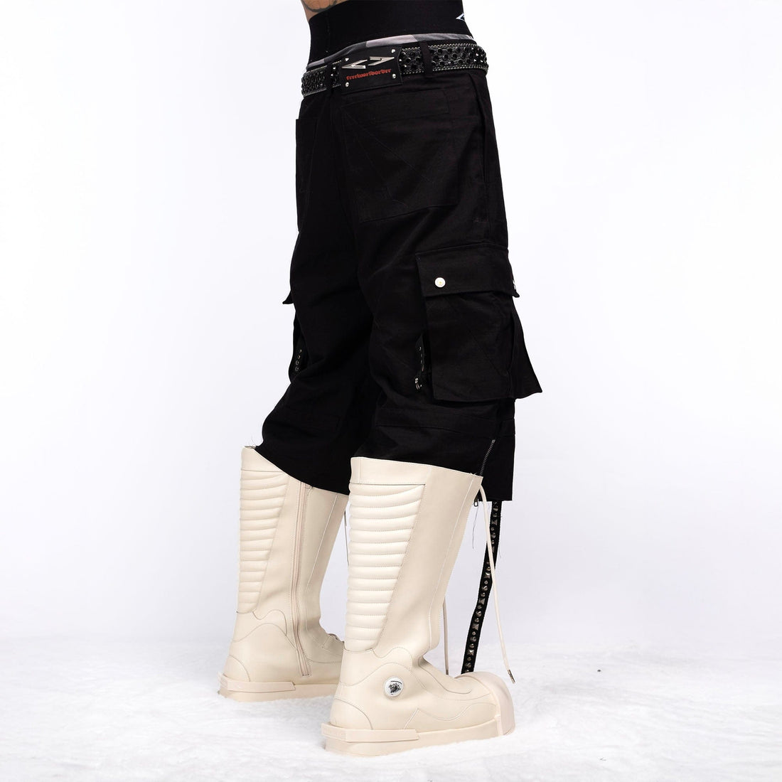 FVVO Distressed Rivet Strap Cargo Shorts Black-Shorts-S-Free Shipping Leatheretro