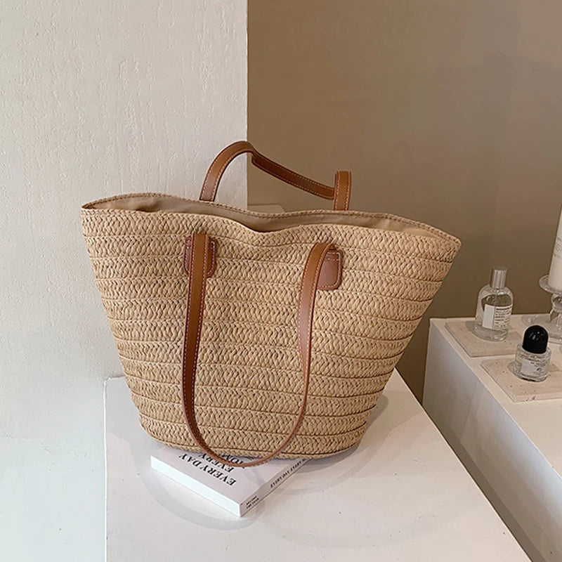 Luxury Designer Straw Tote Bag for Women-Tote Bag-Beige-Free Shipping Leatheretro