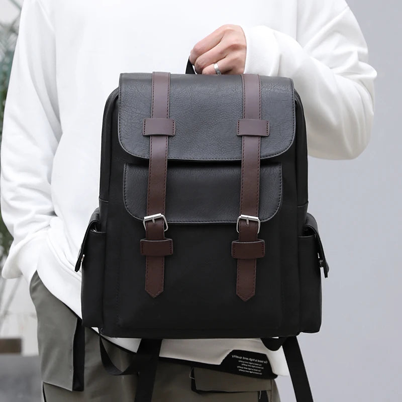 Stylish Men’s PU Leather Laptop Backpack – Large Capacity School & Travel Bag-Backpacks-Black-Free Shipping Leatheretro