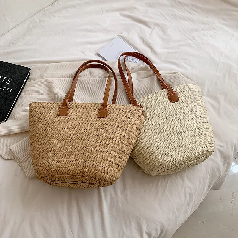 Luxury Designer Straw Tote Bag for Women-Tote Bag-Beige-Free Shipping Leatheretro